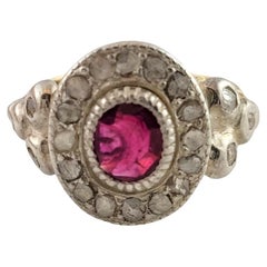 Used 10 Karat Yellow Gold Rose Cut Diamond Lab Created Ruby Floral Ring