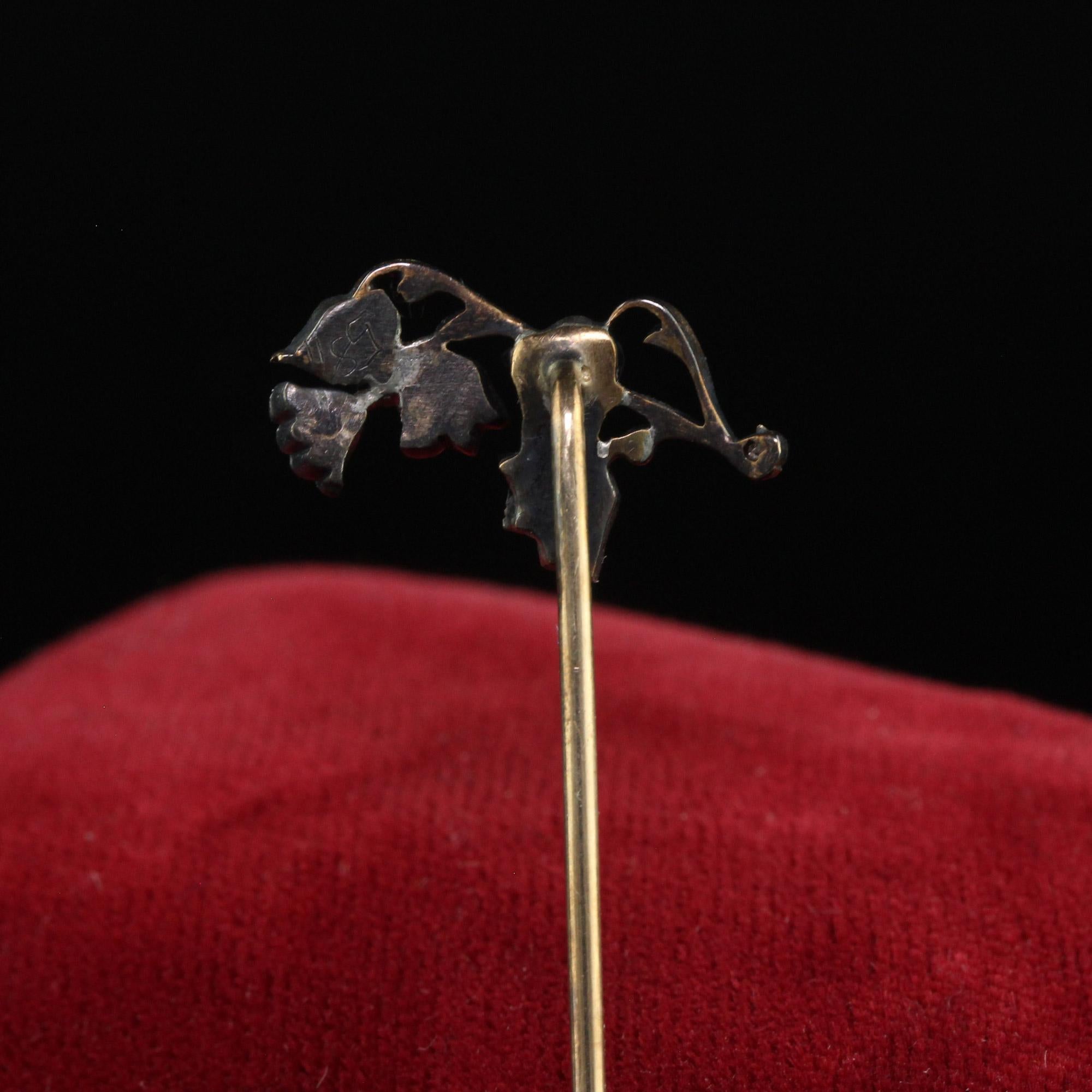 Rose Cut Antique Georgian 10K Yellow Gold Silver Top Diamond Floral Stick Pin For Sale