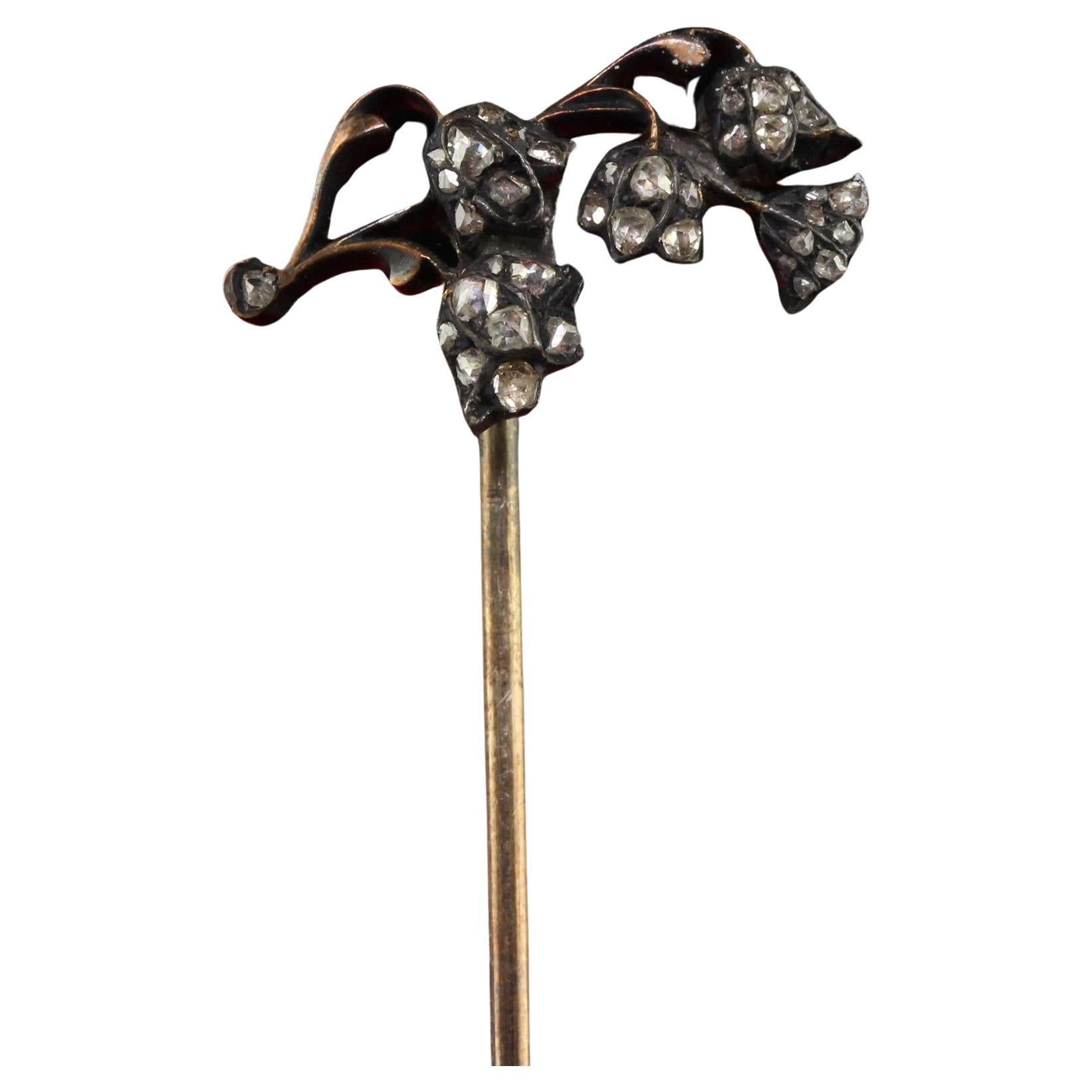Antique Georgian 10K Yellow Gold Silver Top Diamond Floral Stick Pin For Sale