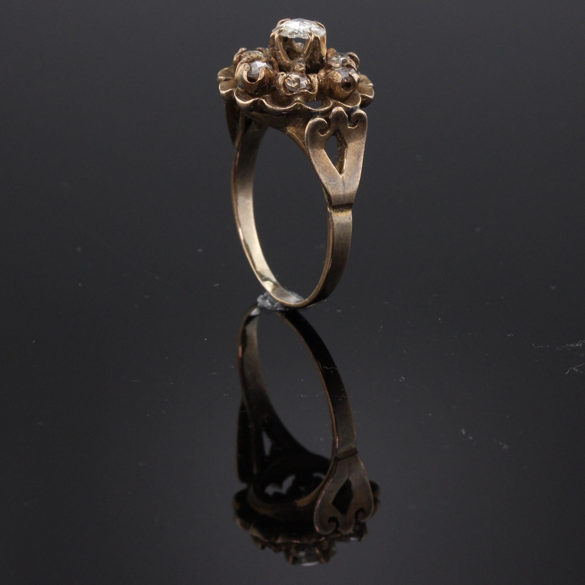 Women's or Men's Antique Georgian 10 Karat Yellow and Rose Cut Diamond Cluster Ring