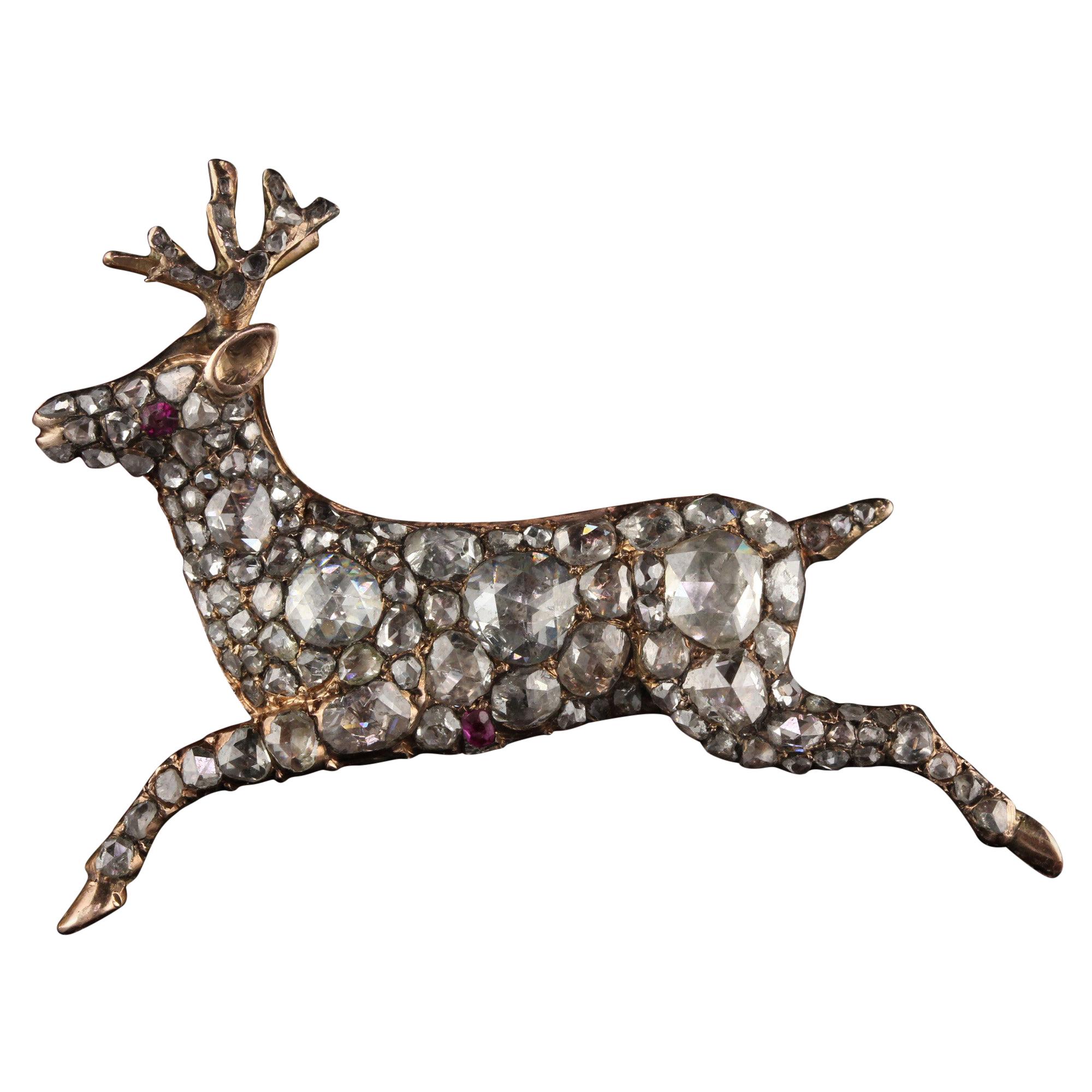 Antique Georgian 12 Karat Rose Gold Rose Cut Diamond Deer Pin For Sale