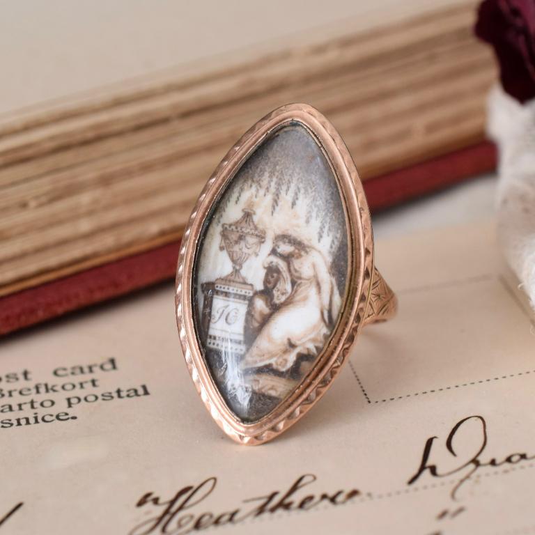 Antique Georgian 12ct Rose Gold Sepia Mourning Ring 1785 For Sale 1