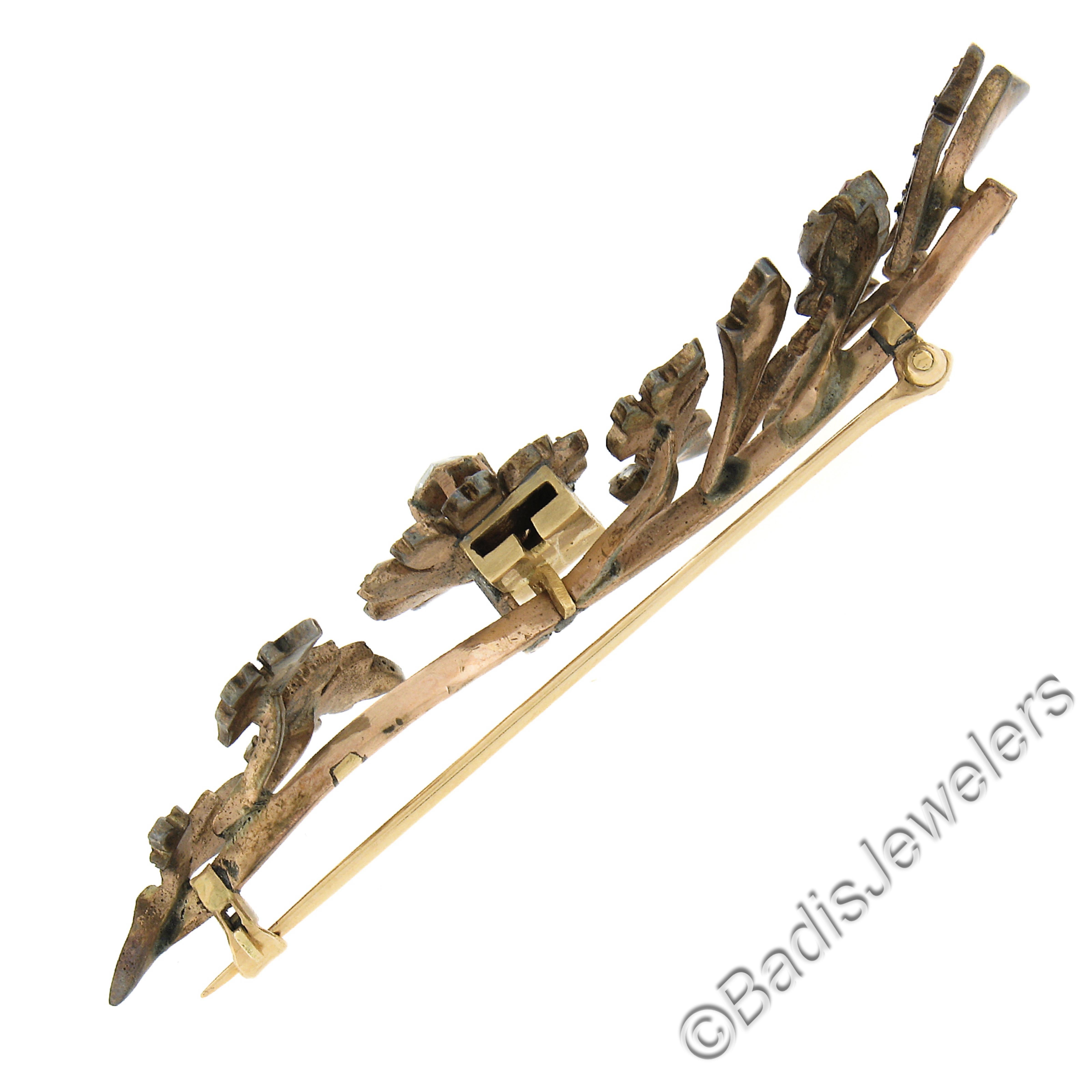 Broche géorgienne ancienne en or et argent 12k avec diamants et rubis, branche florale et vigne en vente 1