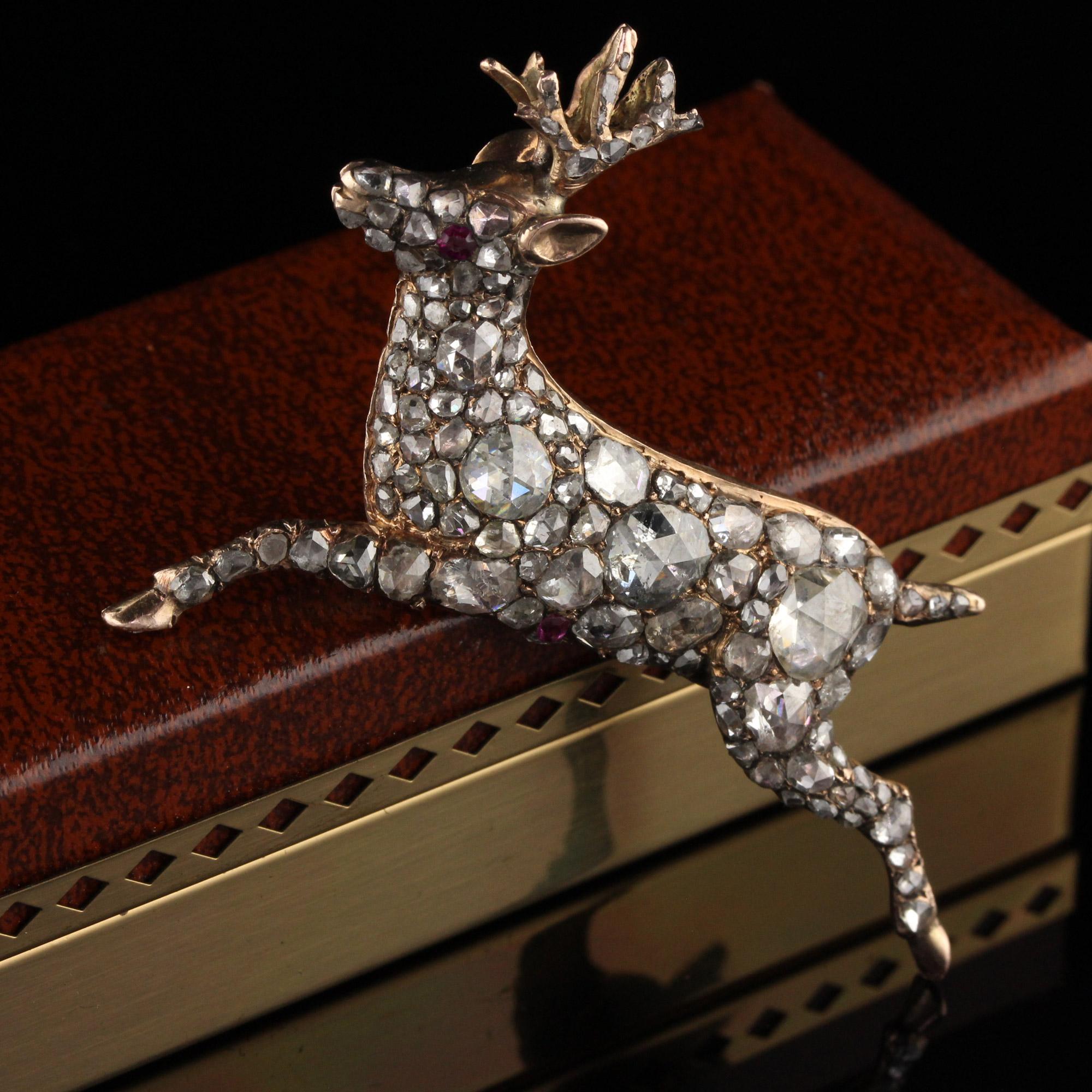 Beautiful Georgian Deer pin with Rose Cut Diamonds. 

Item #P0096

Metal: 12K Rose Gold

Weight: 14.6 Grams

Total Diamond Weight: Approximately 6.00 cts

Diamond Color: H-J

Diamond Clarity: VS2

Measurements: 53.5 mm x 9.8 mm
