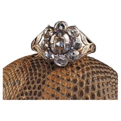 Antique Georgian 12K Yellow Gold and Silver Old Cut Diamond Cluster Ring