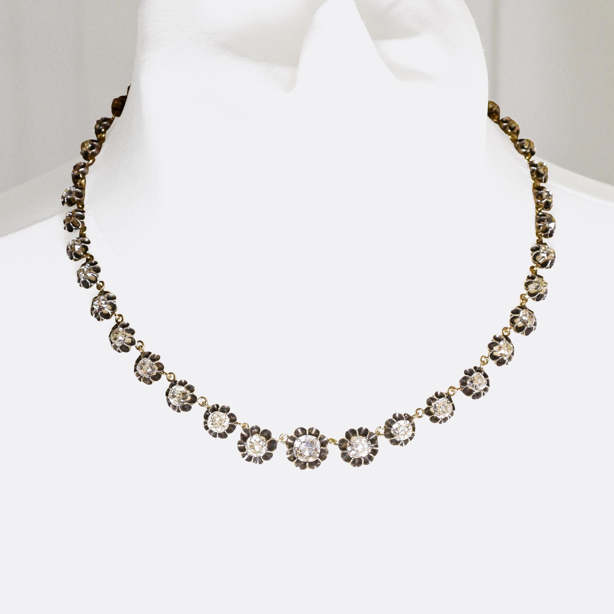 Antique  13.2 Carat Old Mine Cut Diamond Riviere Necklace In Good Condition In Sale, Cheshire