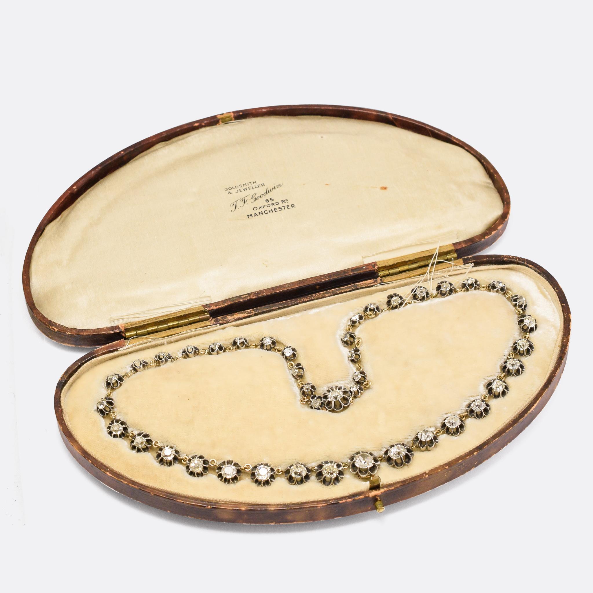 Women's Antique  13.2 Carat Old Mine Cut Diamond Riviere Necklace