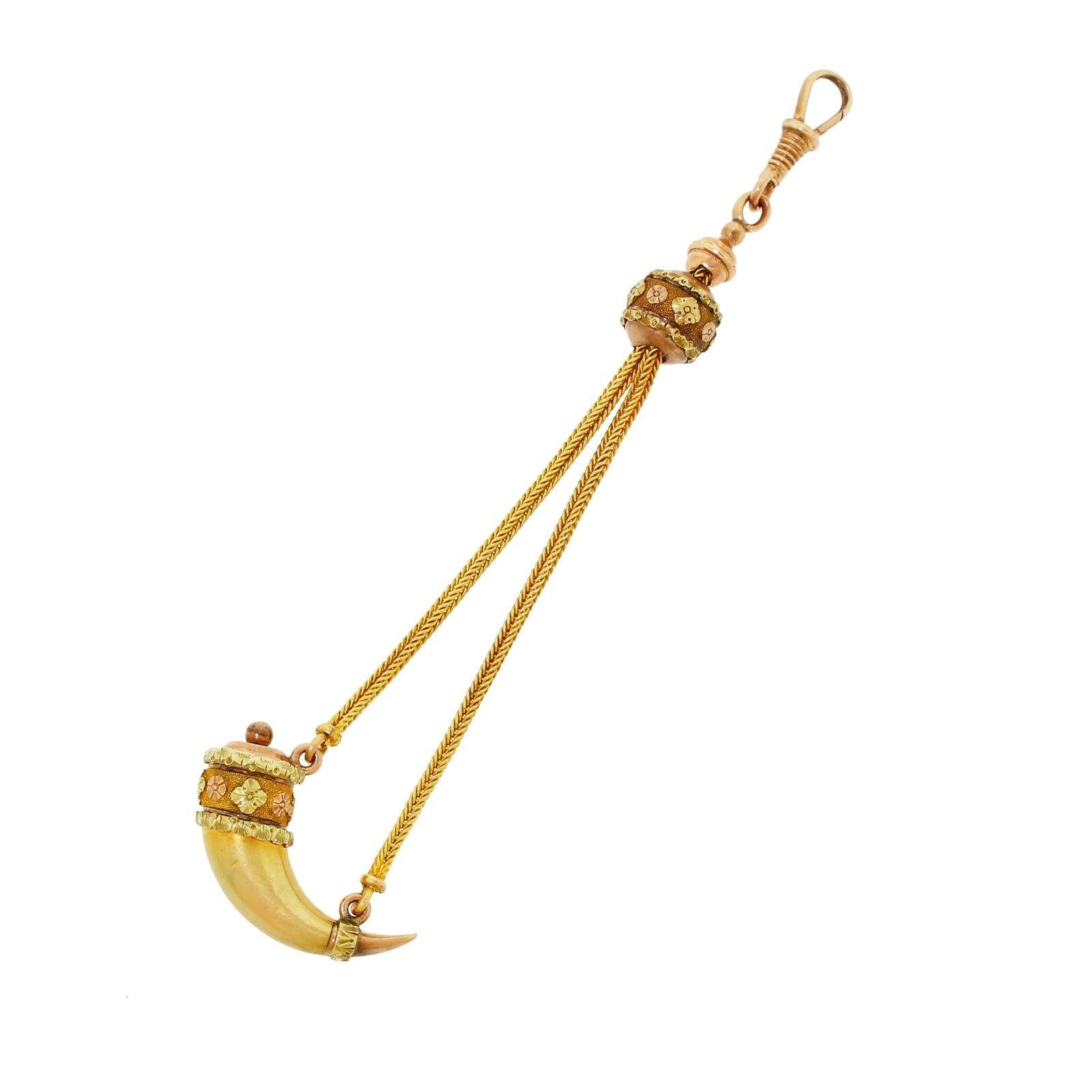 Antique Georgian 14-16K Gold Hunting Drinking Powder Horn Pocket Watch Fob Chain