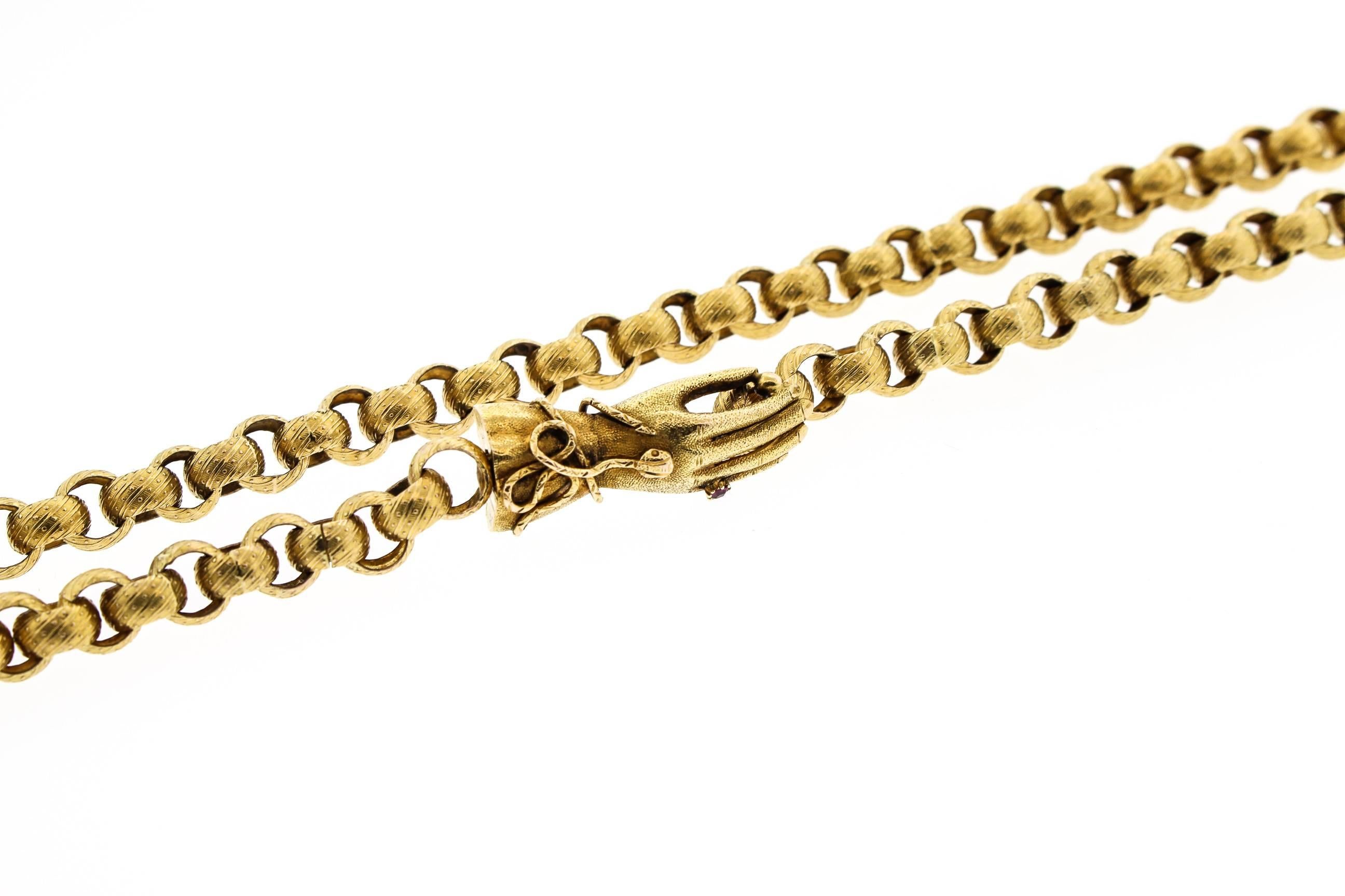 Women's or Men's Antique Georgian 14 Karat Gold Long Muff Chain Necklace
