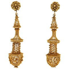 Antique Georgian 14 Karat Yellow Gold Cannetille Long Pendant Earrings