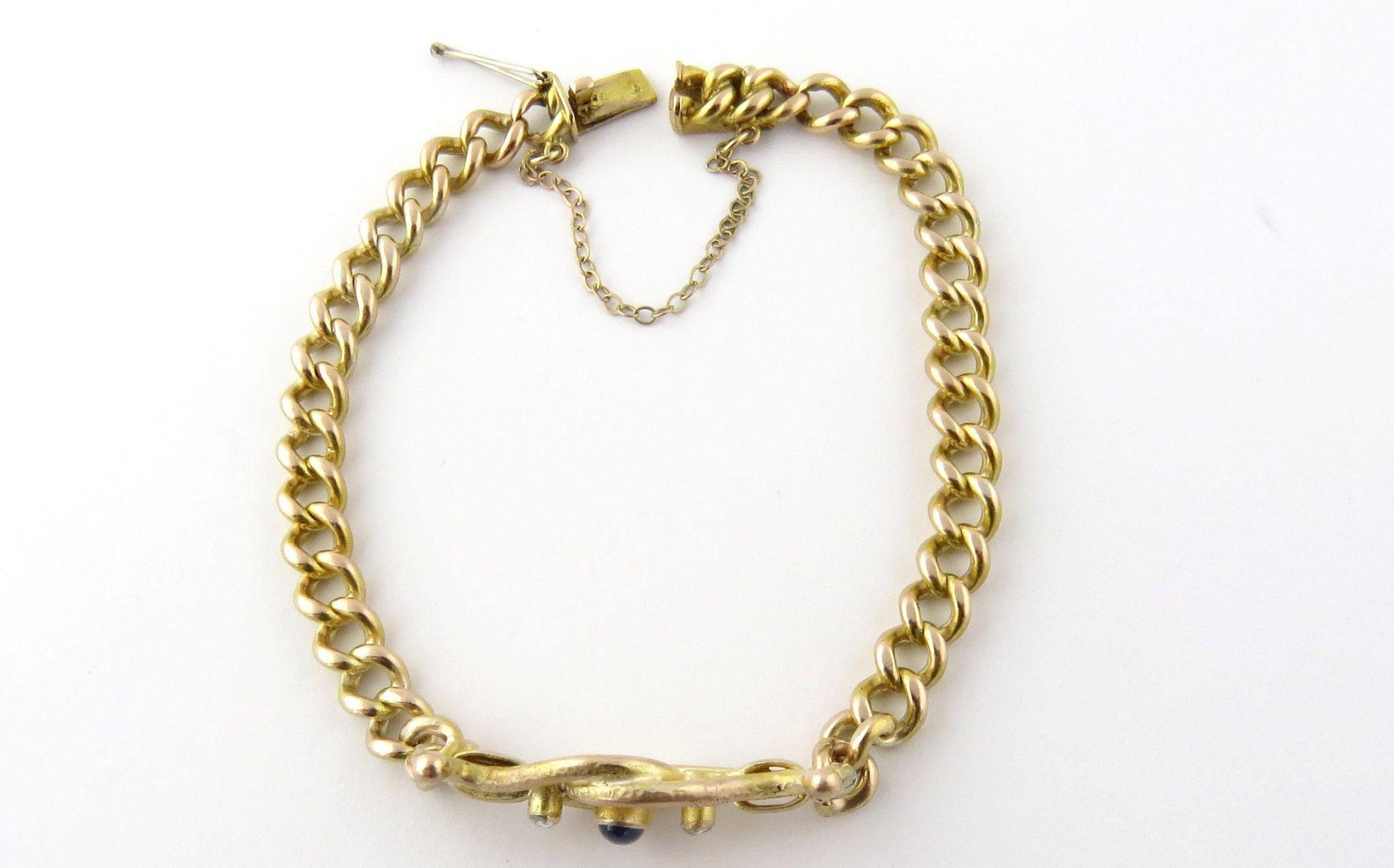 Antique Georgian 14k Yellow Gold Sapphire and Diamond Link Bracelet 

This beautifully crafted piece is a gold link bracelet with a center bar of brushed gold. 

On the center open piece is a genuine oval blue sapphire. 

The sapphire is