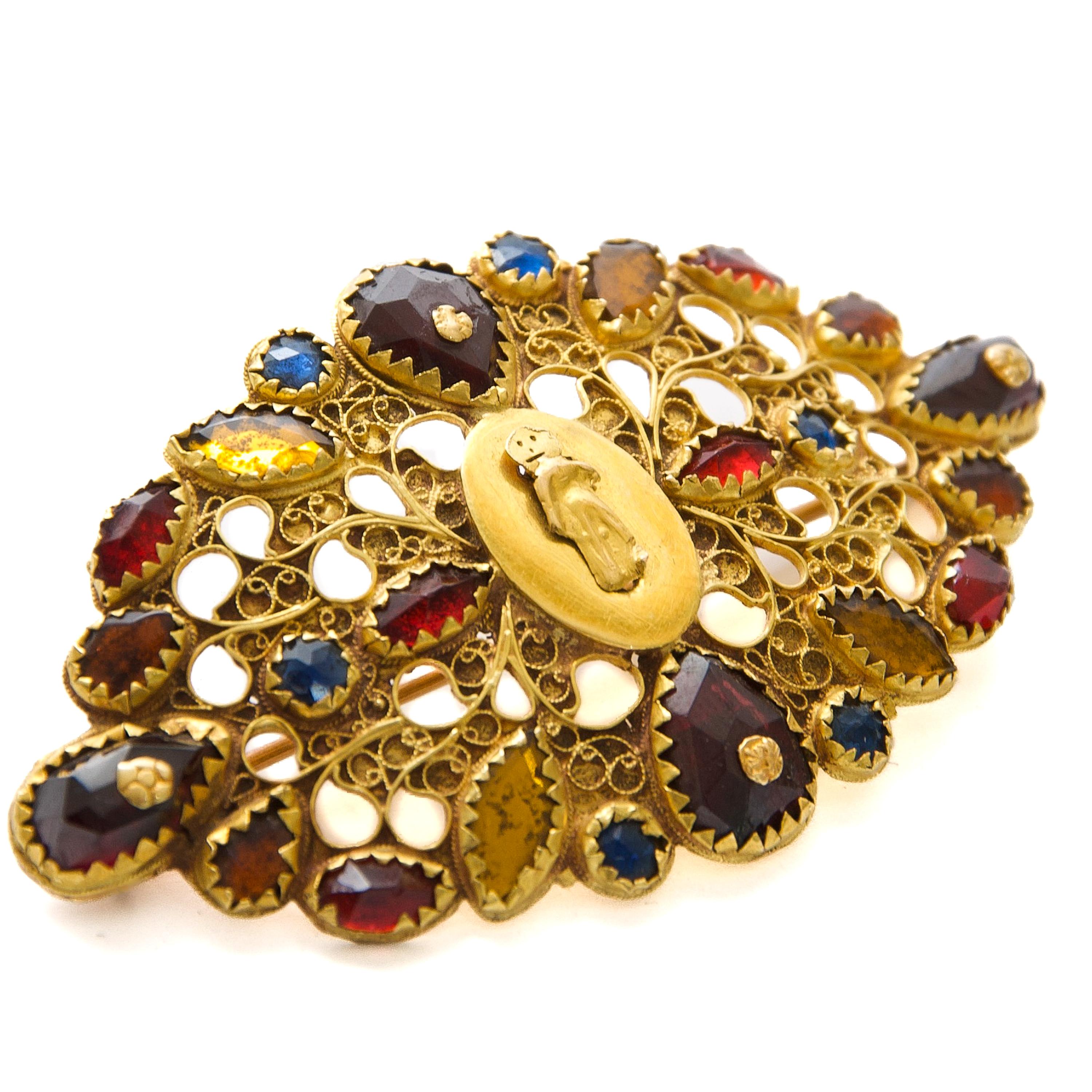 Mixed Cut Antique Georgian 14K Gold Dutch Brooch with Garnet and Colored Stones For Sale