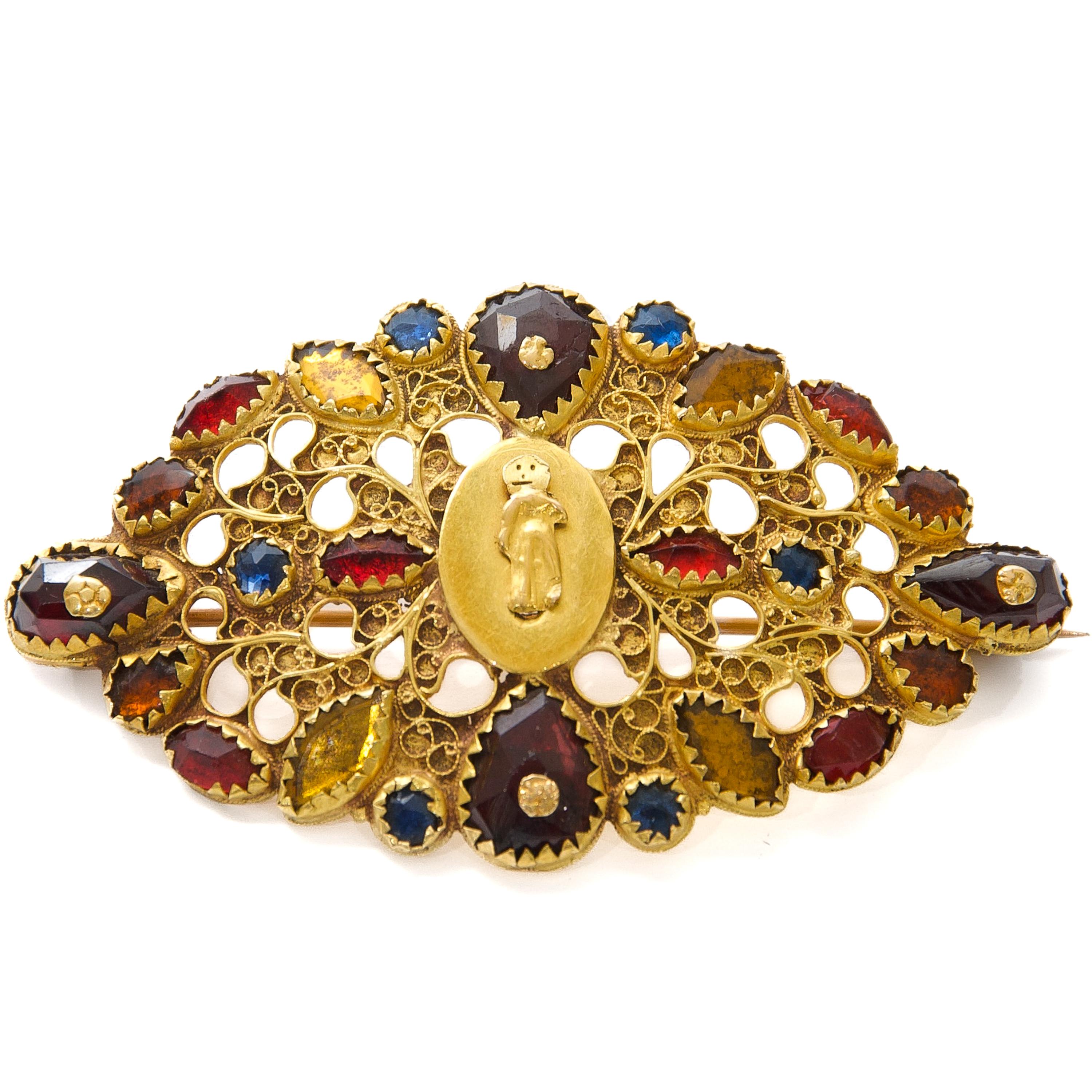 Antique Georgian 14K Gold Dutch Brooch with Garnet and Colored Stones In Good Condition For Sale In Rotterdam, NL