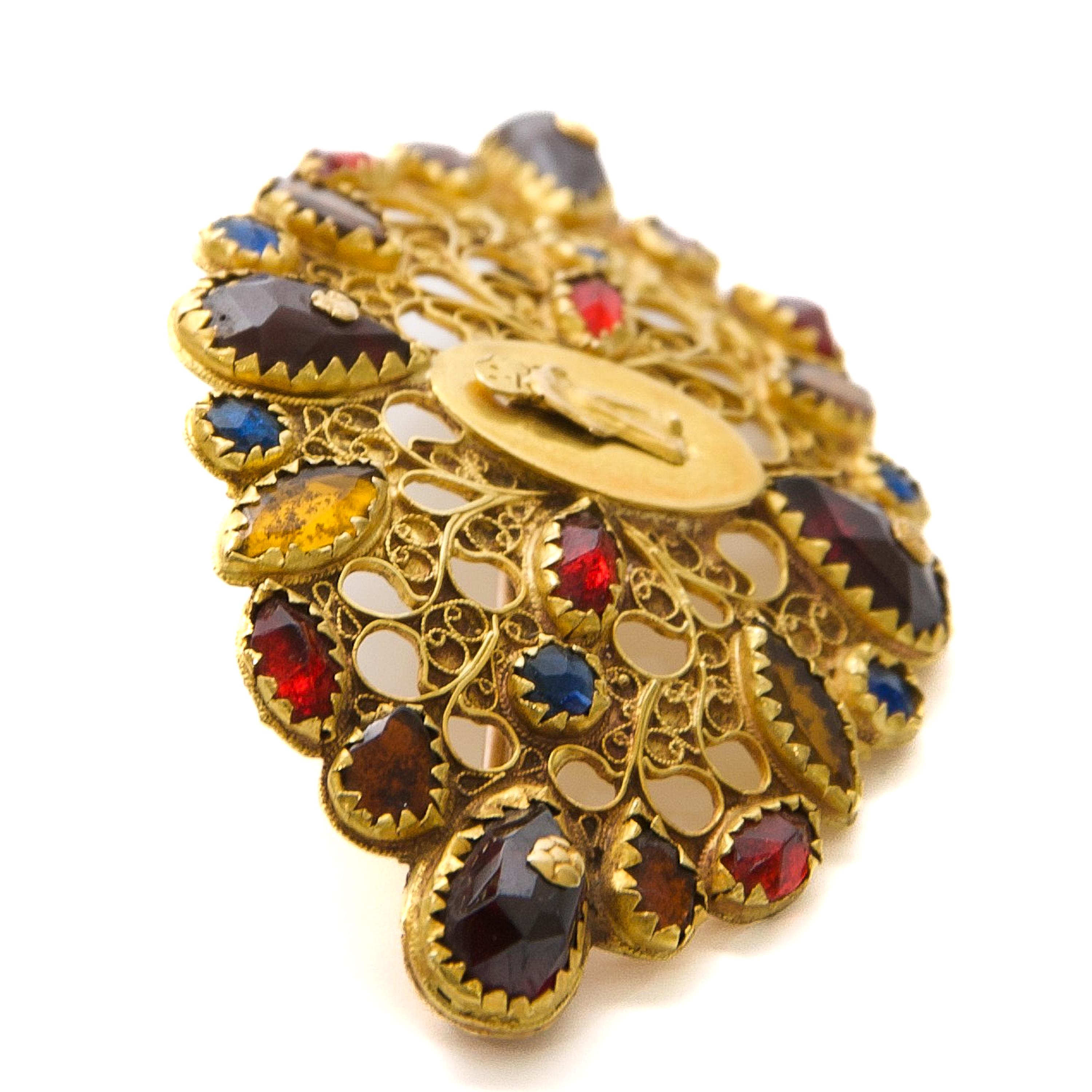 Women's or Men's Antique Georgian 14K Gold Dutch Brooch with Garnet and Colored Stones For Sale