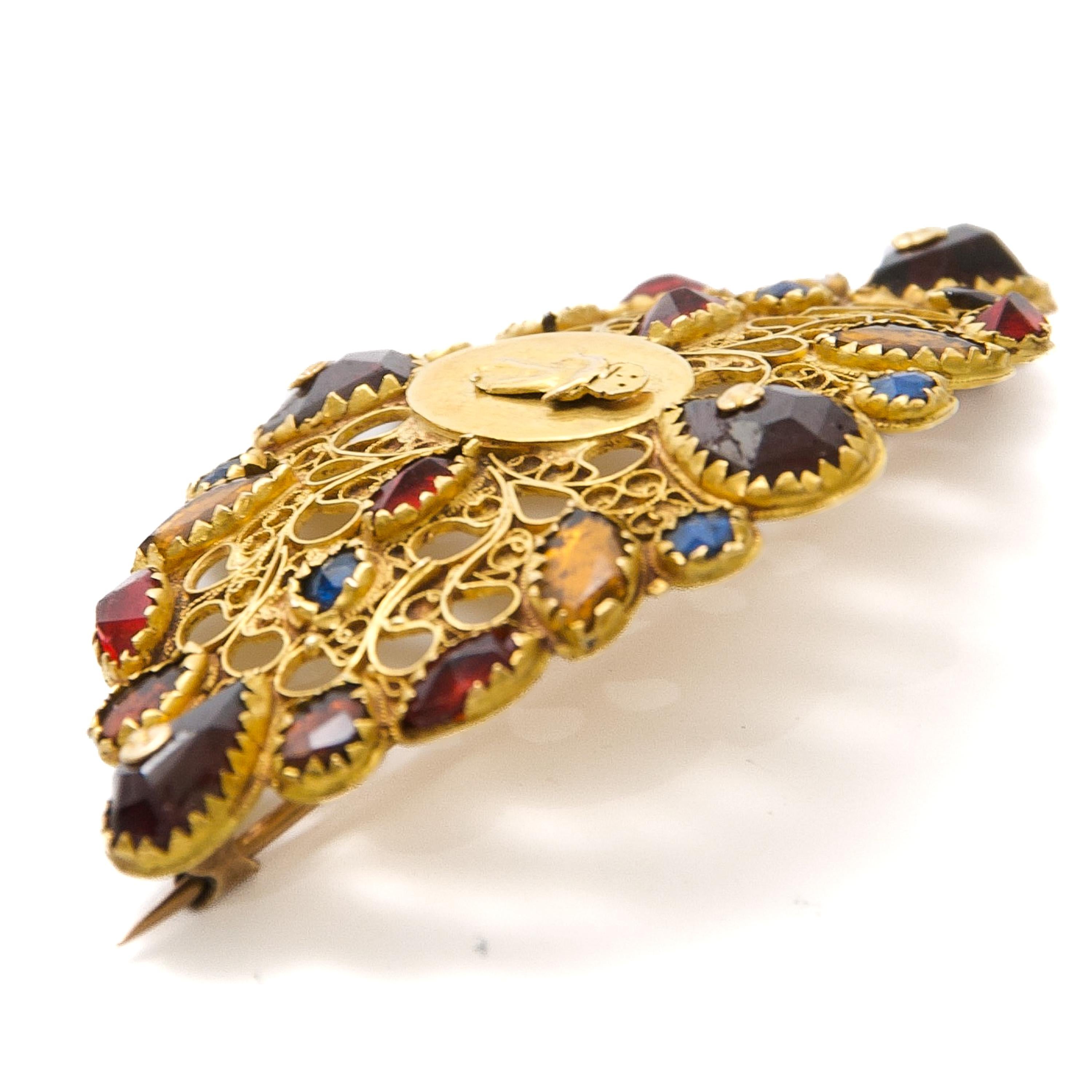 Antique Georgian 14K Gold Dutch Brooch with Garnet and Colored Stones For Sale 2