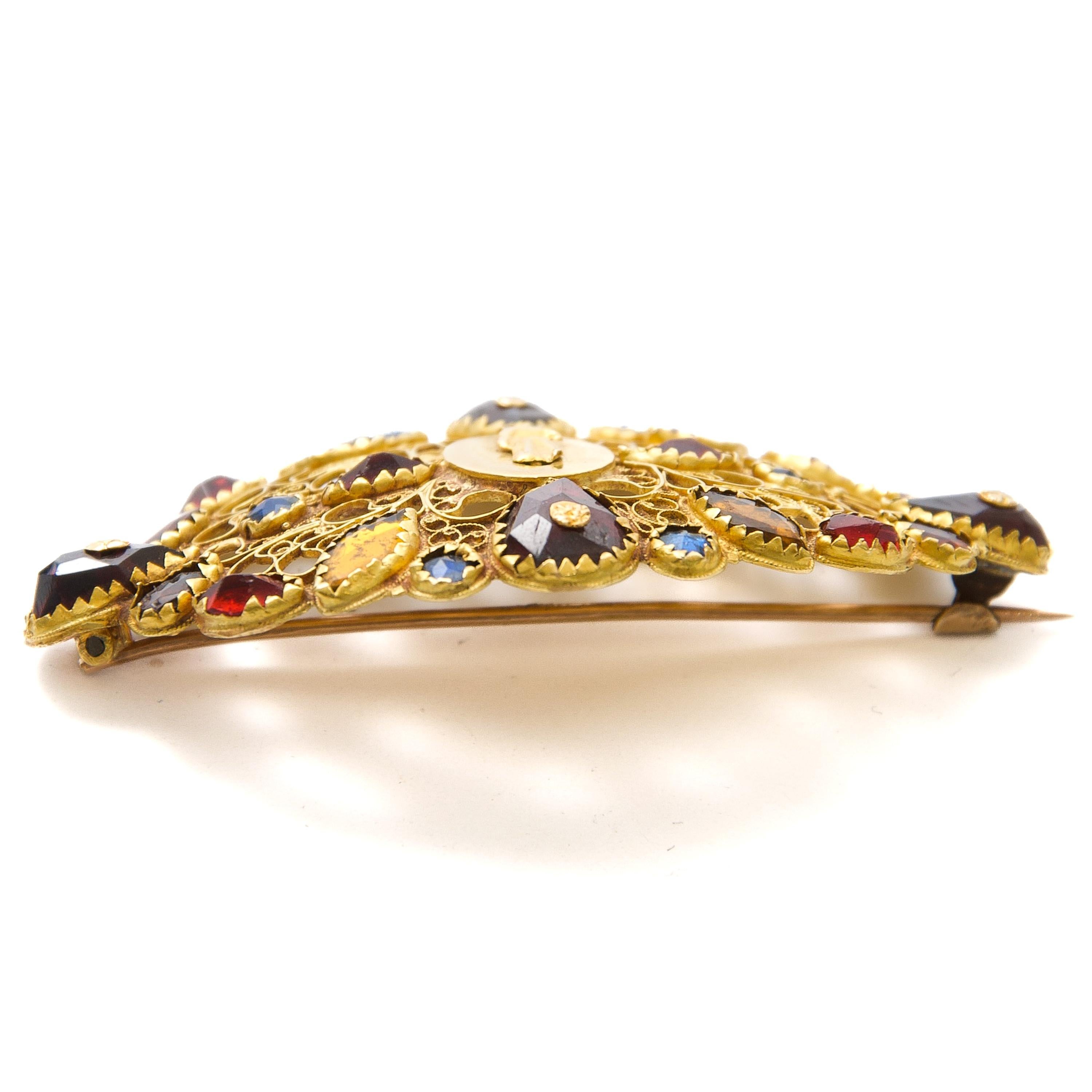 Antique Georgian 14K Gold Dutch Brooch with Garnet and Colored Stones For Sale 3