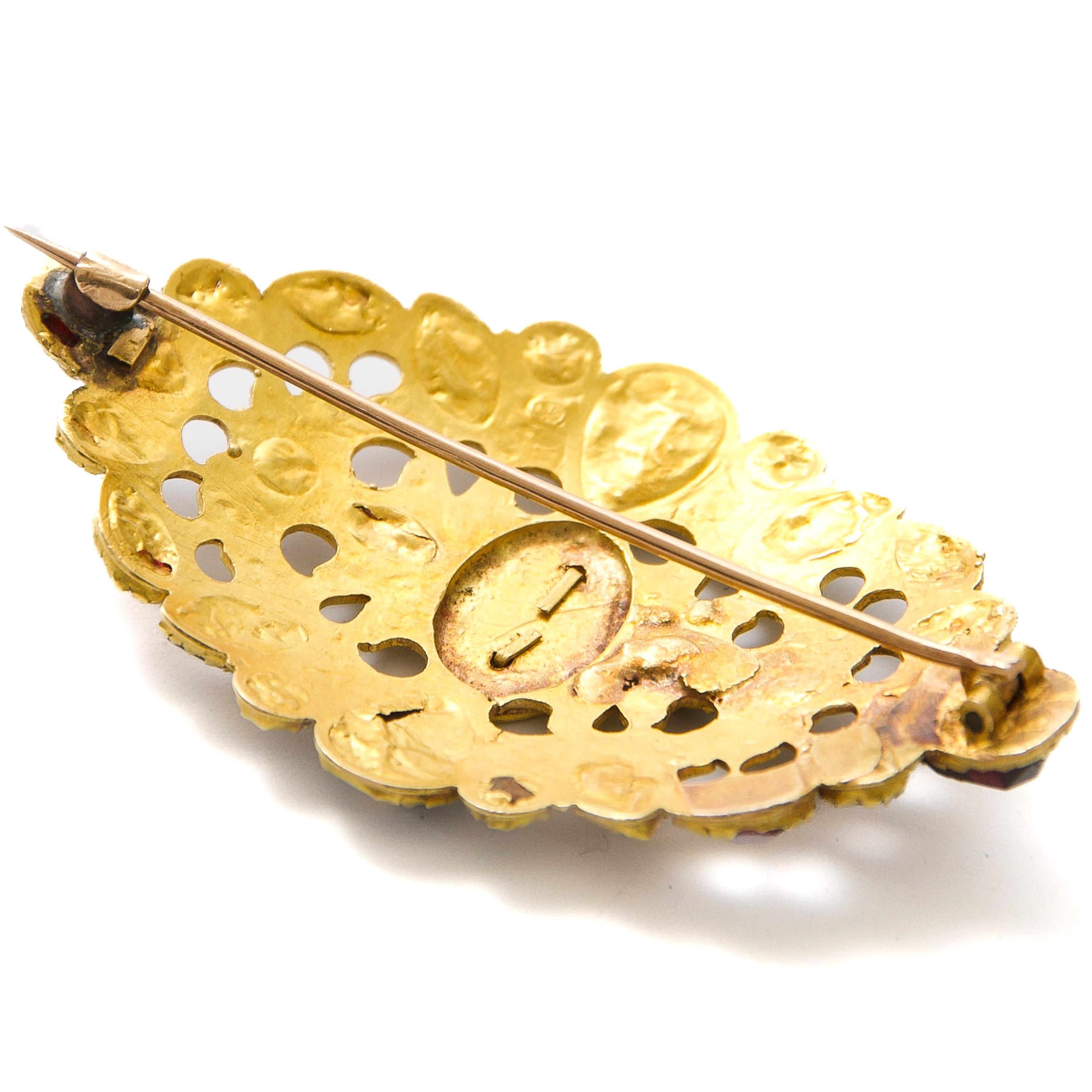 Antique Georgian 14K Gold Dutch Brooch with Garnet and Colored Stones For Sale 4