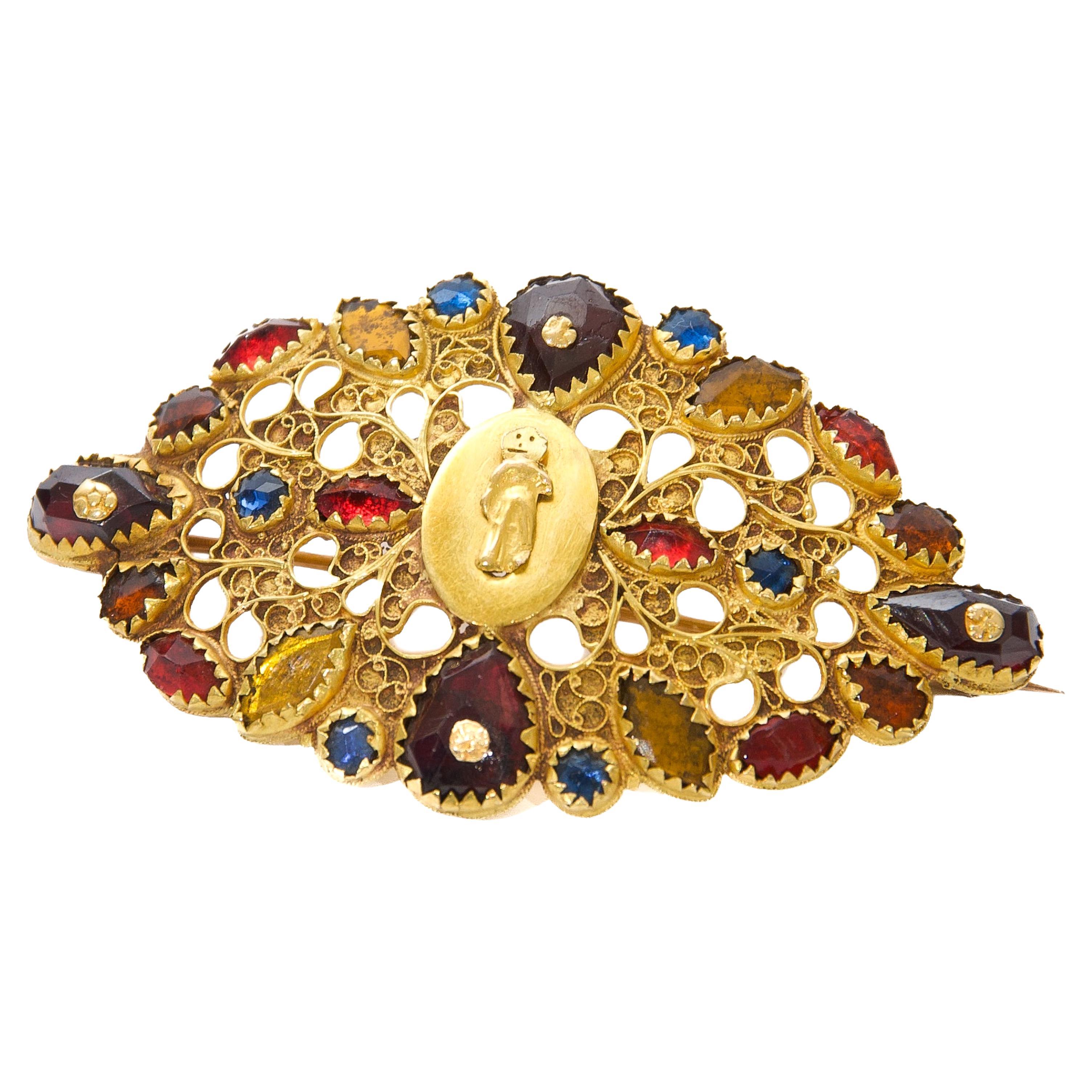 Antique Georgian 14K Gold Dutch Brooch with Garnet and Colored Stones