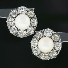 Antique Georgian 14k Gold GIA Natural Pearl 12.75ctw Mine Diamond Halo Earrings