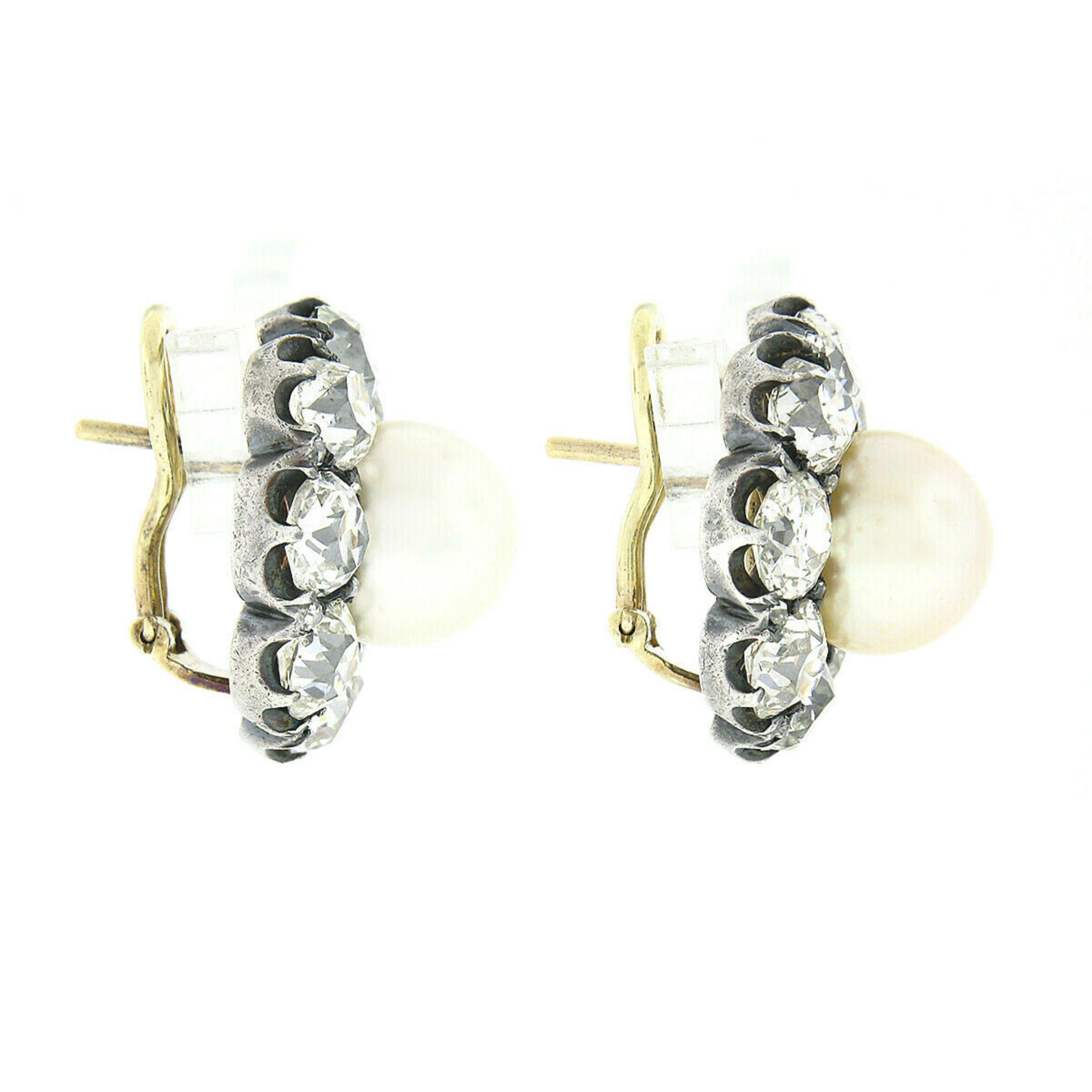 Antique Georgian 14k Gold GIA Natural Pearl 12.75ctw Mine Diamond Halo Earrings In Good Condition In Montclair, NJ