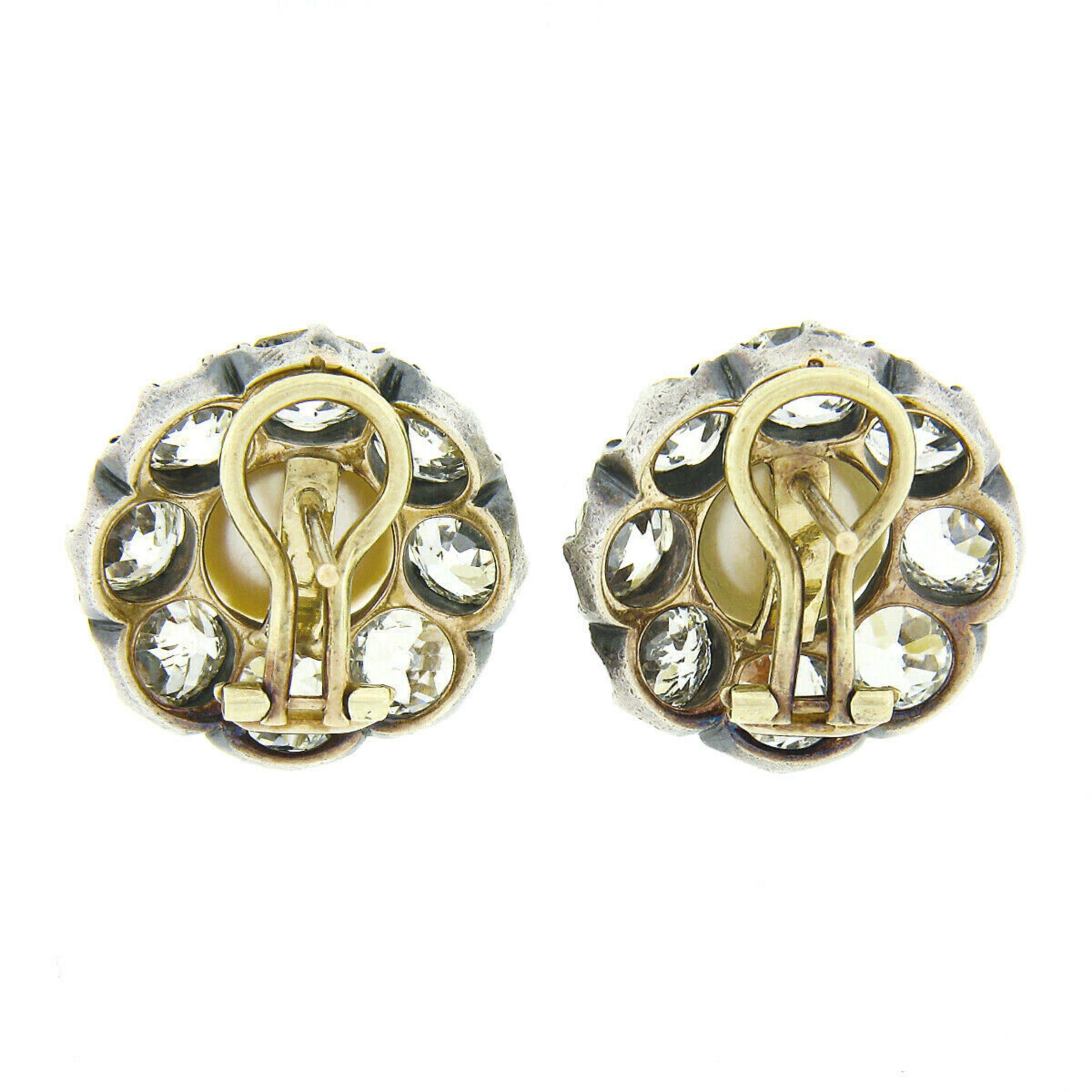 Women's Antique Georgian 14k Gold GIA Natural Pearl 12.75ctw Mine Diamond Halo Earrings