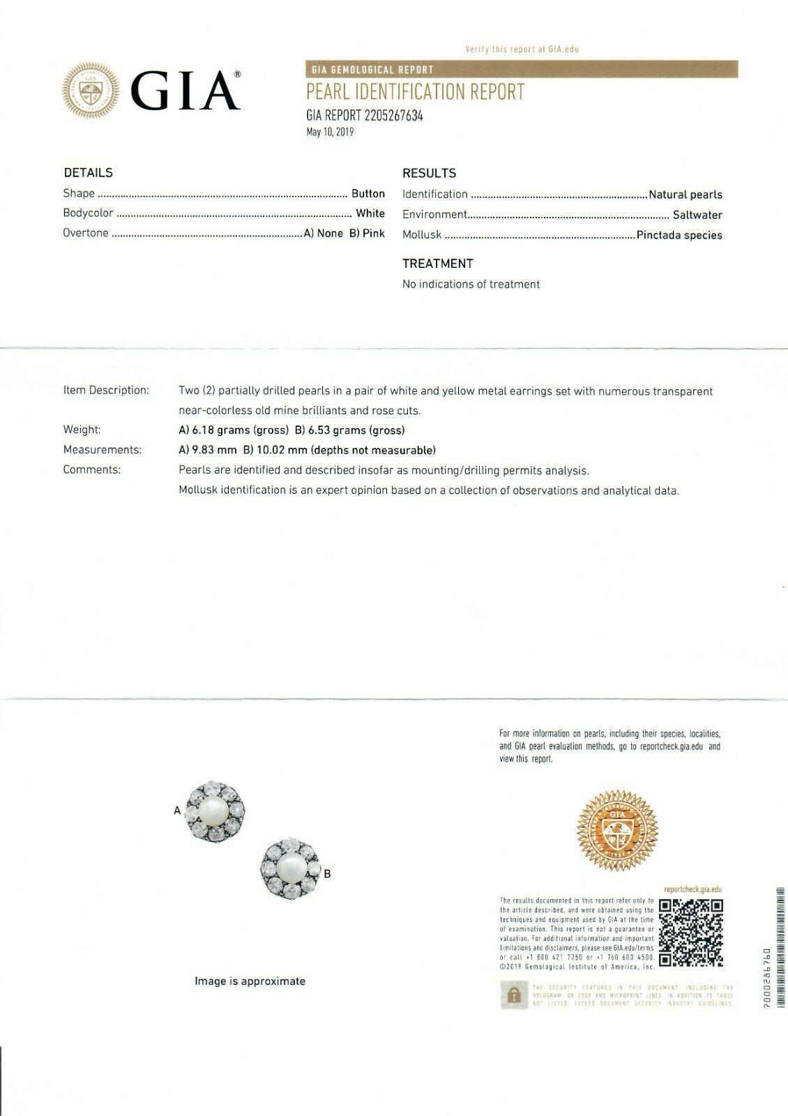 Antique Georgian 14k Gold GIA Natural Pearl 12.75ctw Mine Diamond Halo Earrings 3