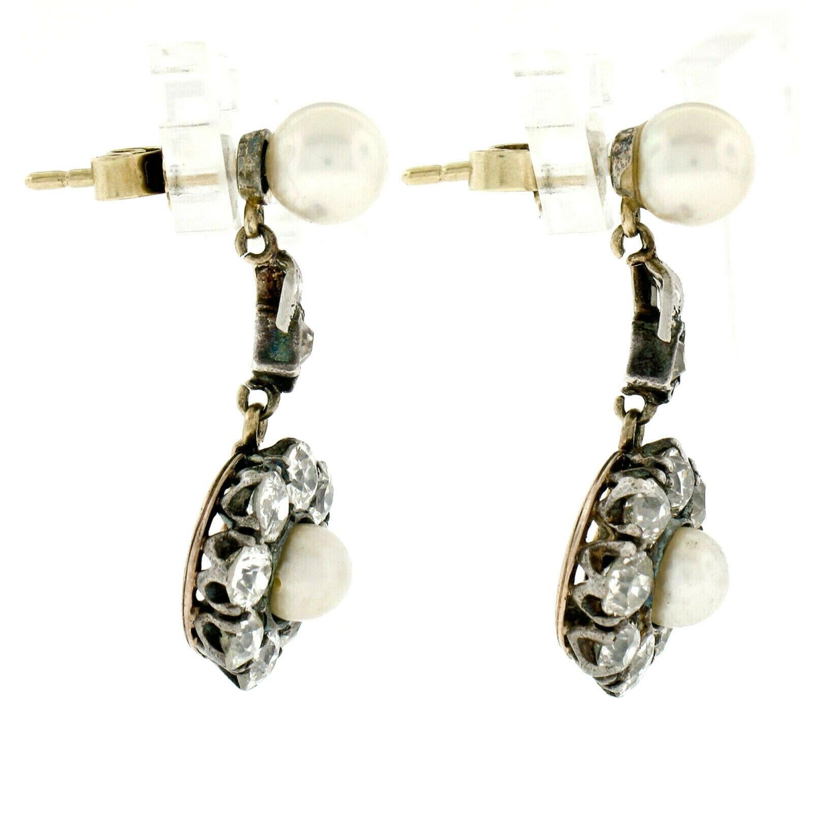 Georgian 14 Karat Gold GIA Natural Pearl Mine Diamond Halo Dangle Earrings In Fair Condition In Montclair, NJ