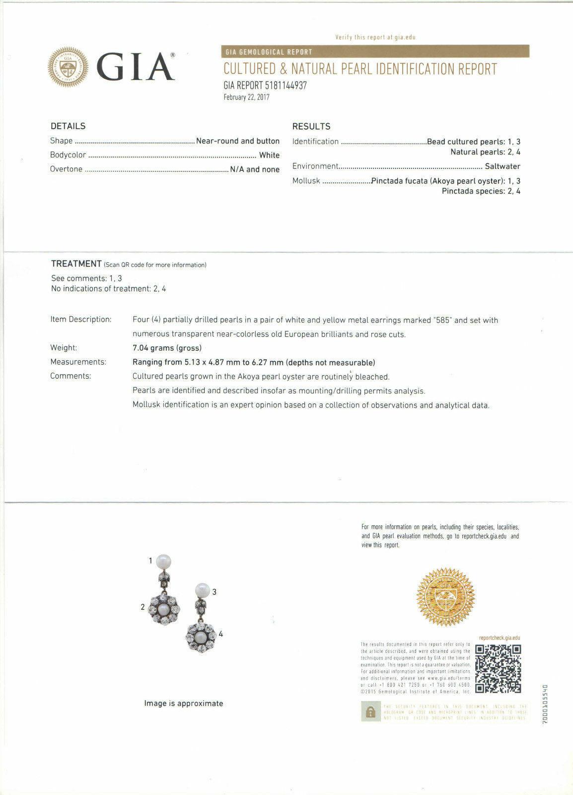 Georgian 14 Karat Gold GIA Natural Pearl Mine Diamond Halo Dangle Earrings 3