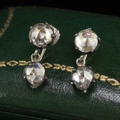 Antique Georgian 14K White Gold Silver Rose Cut Diamond Drop Dangling Earrings