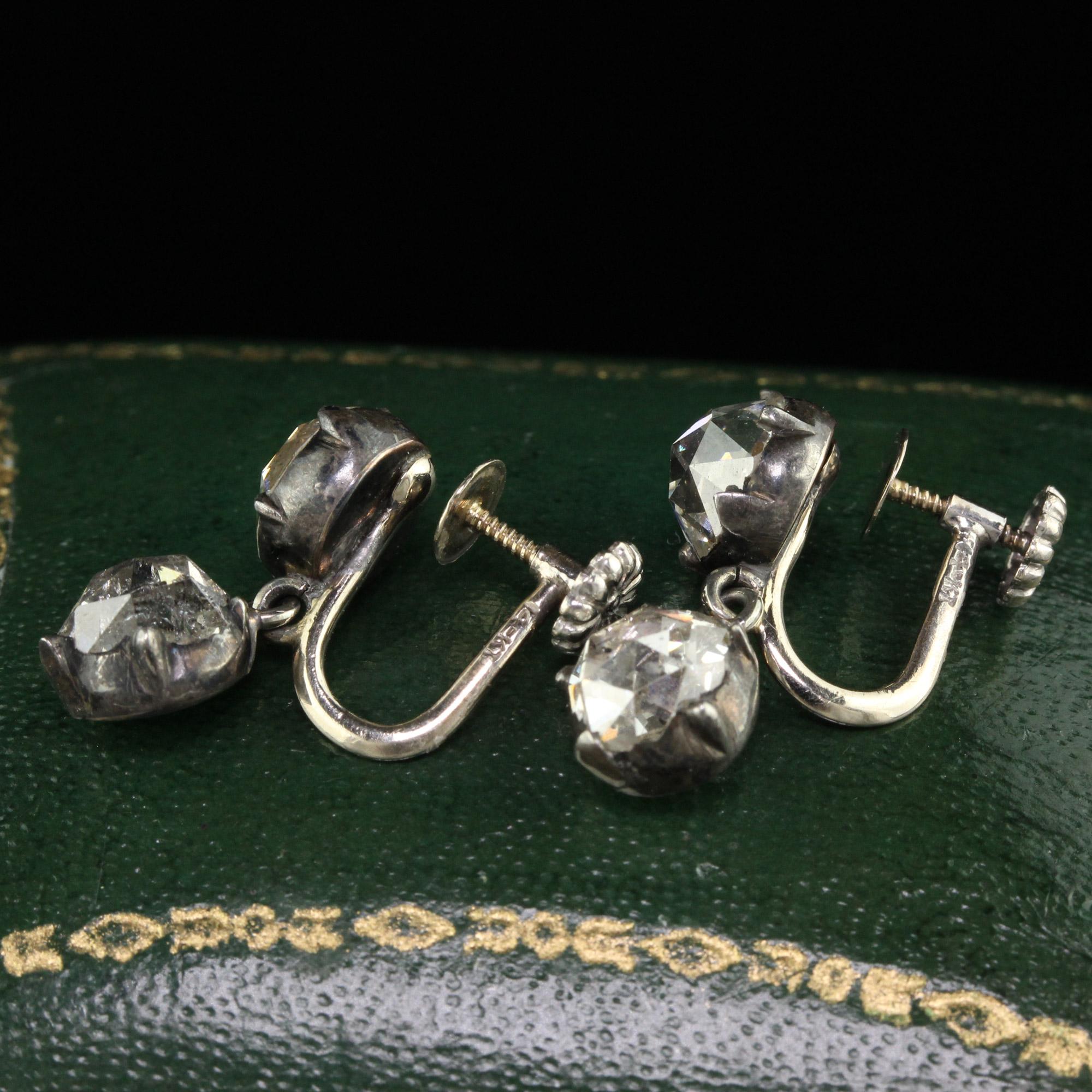 Antique Georgian 14K White Gold Silver Rose Cut Diamond Drop Dangling Earrings In Good Condition For Sale In Great Neck, NY