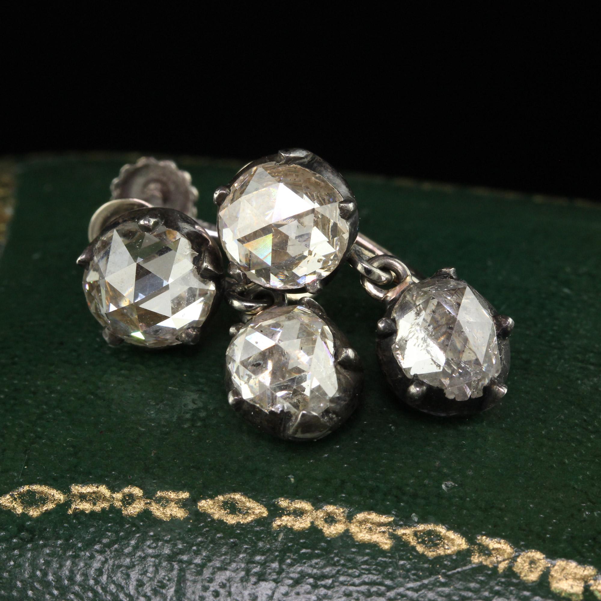 Women's Antique Georgian 14K White Gold Silver Rose Cut Diamond Drop Dangling Earrings For Sale