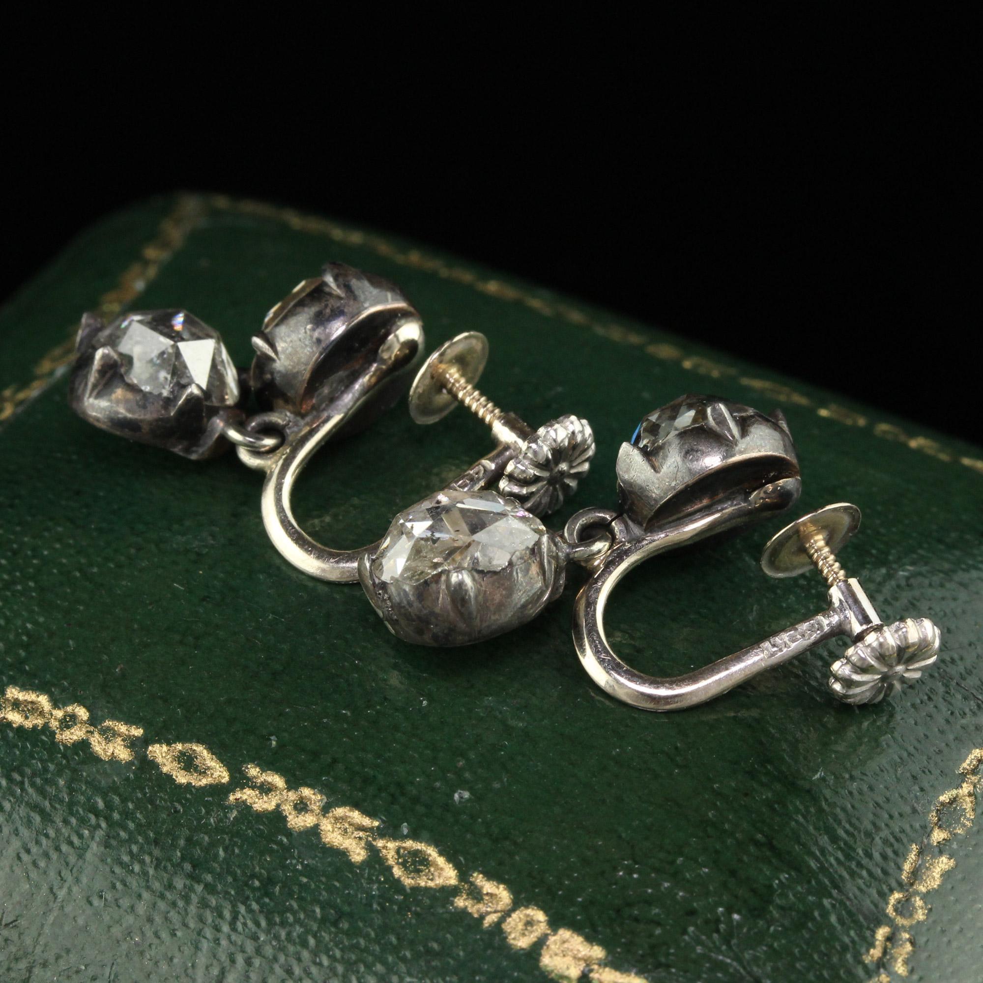 Antique Georgian 14K White Gold Silver Rose Cut Diamond Drop Dangling Earrings For Sale 2