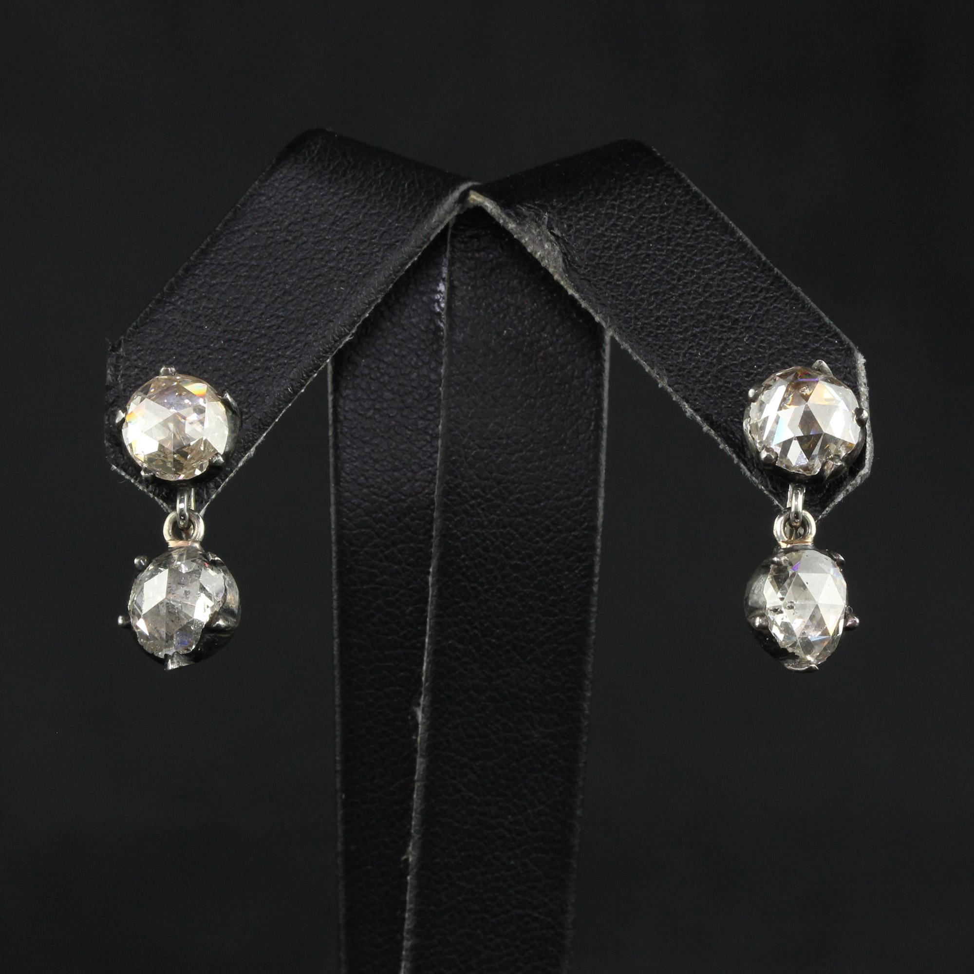 Antique Georgian 14K White Gold Silver Rose Cut Diamond Drop Dangling Earrings For Sale 3