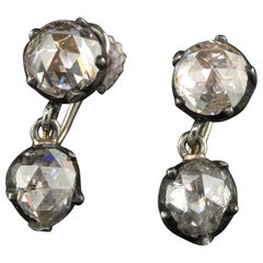 Antique Georgian 14K White Gold Silver Rose Cut Diamond Drop Dangling Earrings