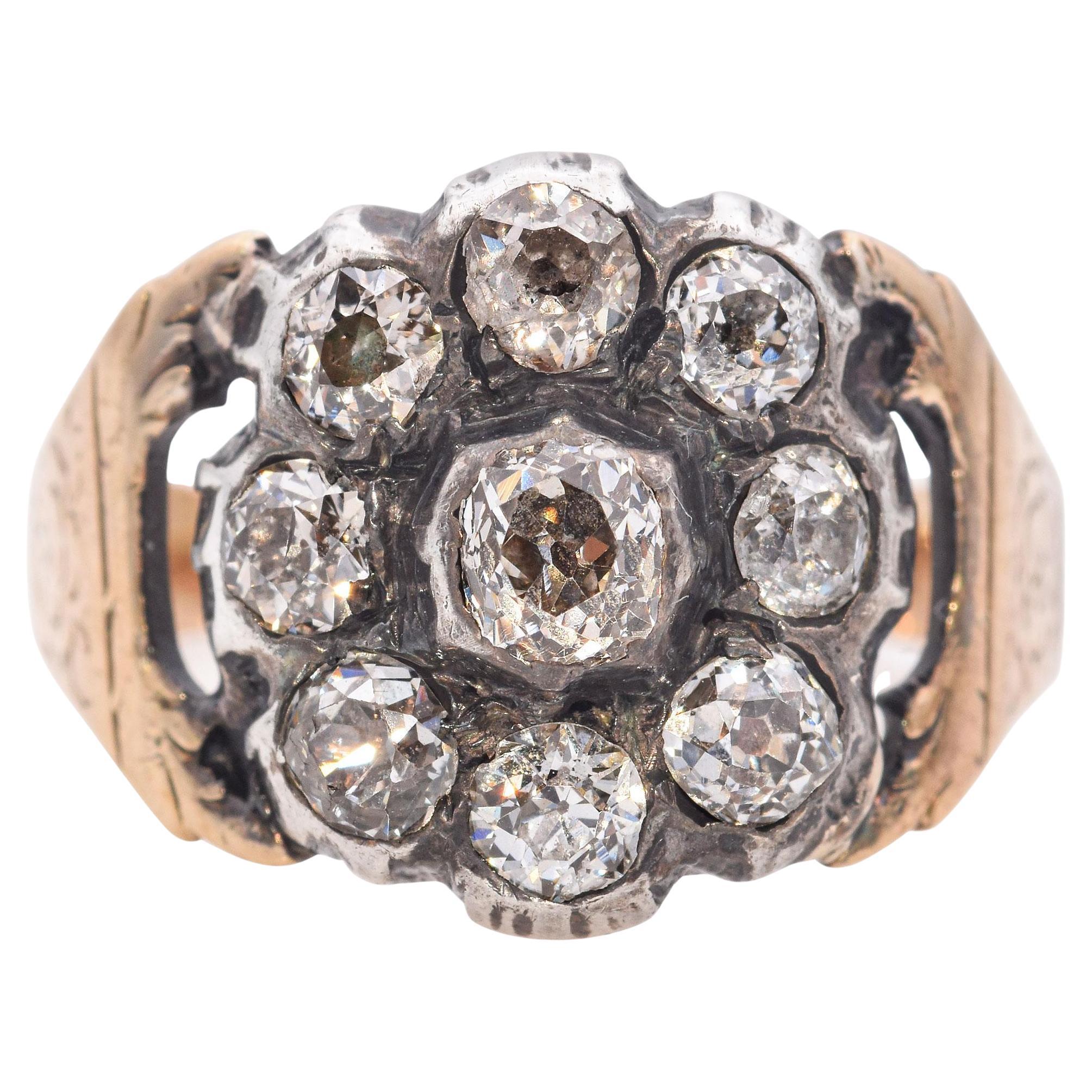 Antique Georgian 14k Yellow Gold Old Mine Cut Diamonds Cluster Ring