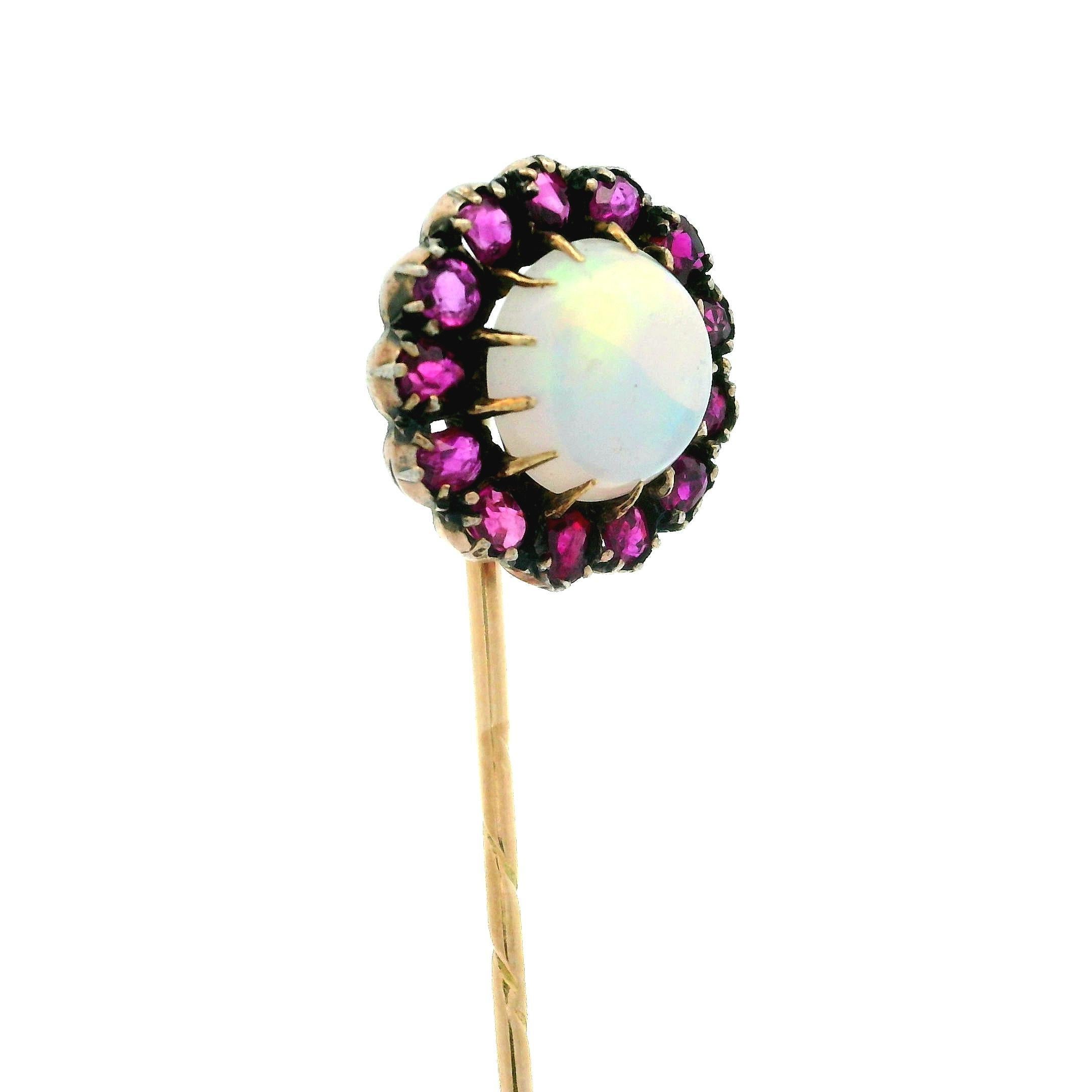 Women's or Men's Antique Georgian 14k Yellow Gold Opal Cabochon w/ Old Cut Ruby Halo Stick Pin For Sale