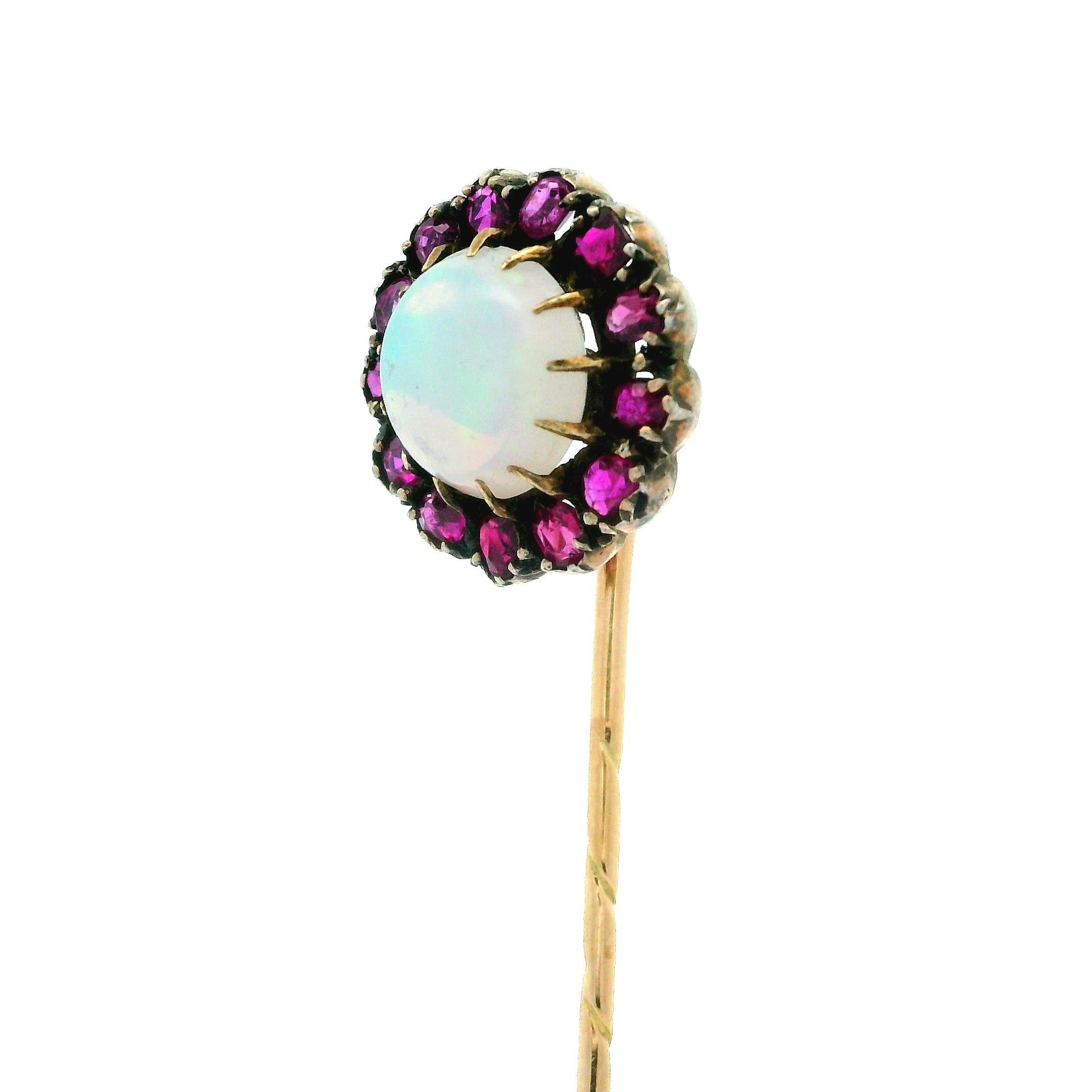 Antique Georgian 14k Yellow Gold Opal Cabochon w/ Old Cut Ruby Halo Stick Pin For Sale 1
