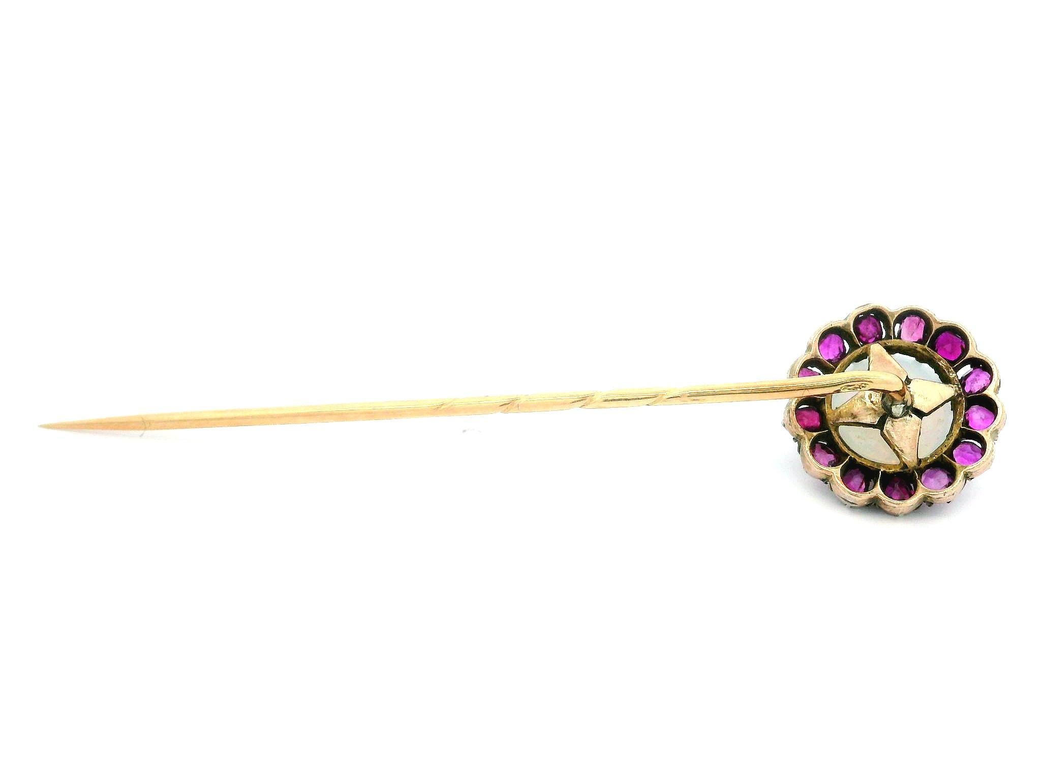 Antique Georgian 14k Yellow Gold Opal Cabochon w/ Old Cut Ruby Halo Stick Pin For Sale 2