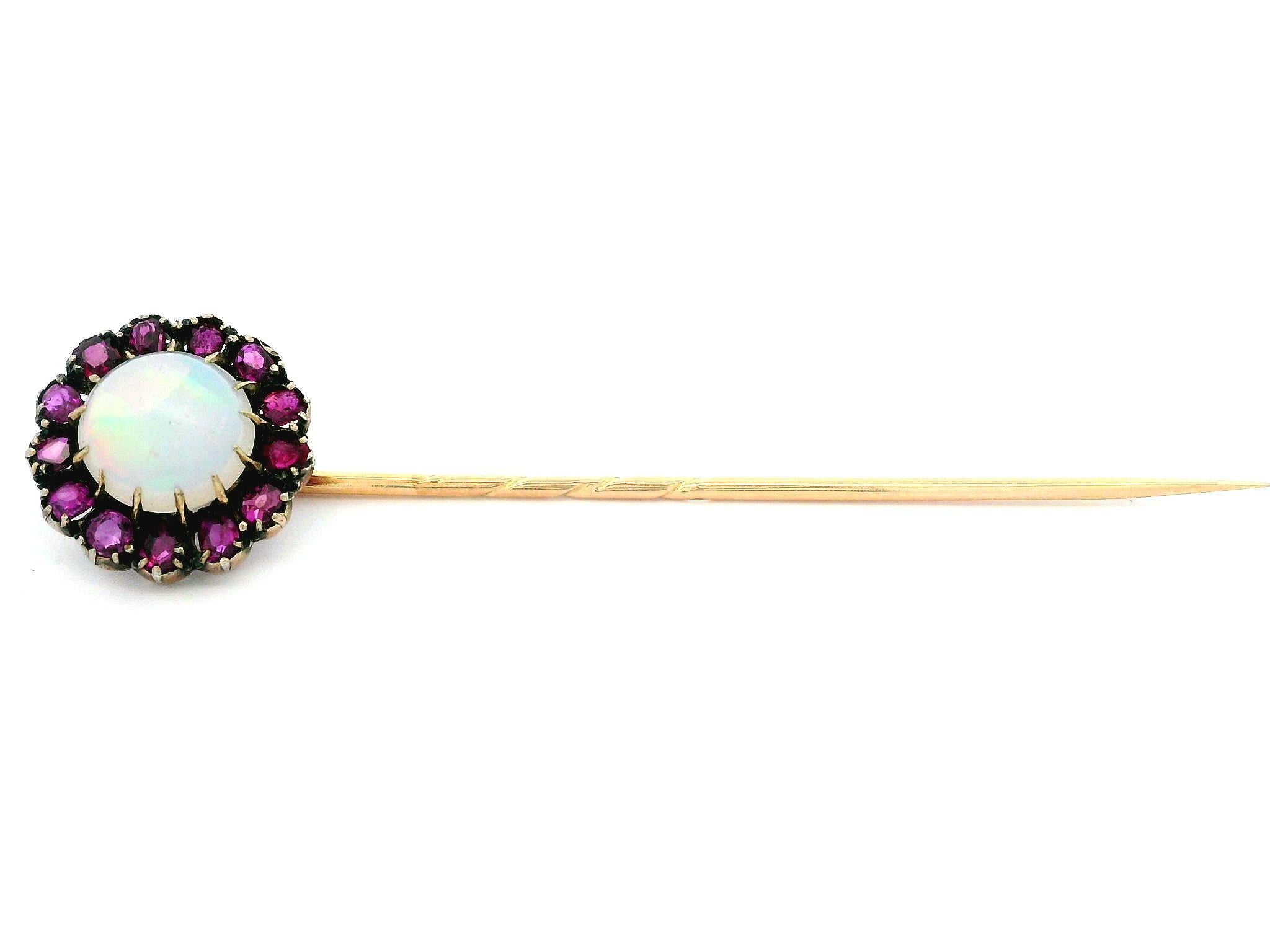 Antique Georgian 14k Yellow Gold Opal Cabochon w/ Old Cut Ruby Halo Stick Pin For Sale 3