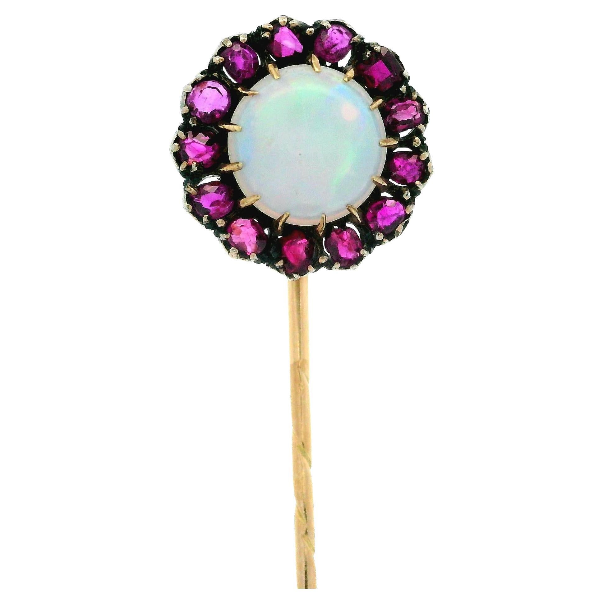 Antique Georgian 14k Yellow Gold Opal Cabochon w/ Old Cut Ruby Halo Stick Pin For Sale