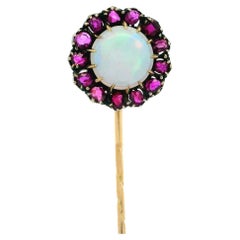 Antique Georgian 14k Yellow Gold Opal Cabochon w/ Old Cut Ruby Halo Stick Pin