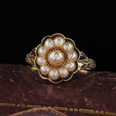 Antique Georgian 14K Yellow Gold Pearl and Enamel Memorial Dated Engraved Ring