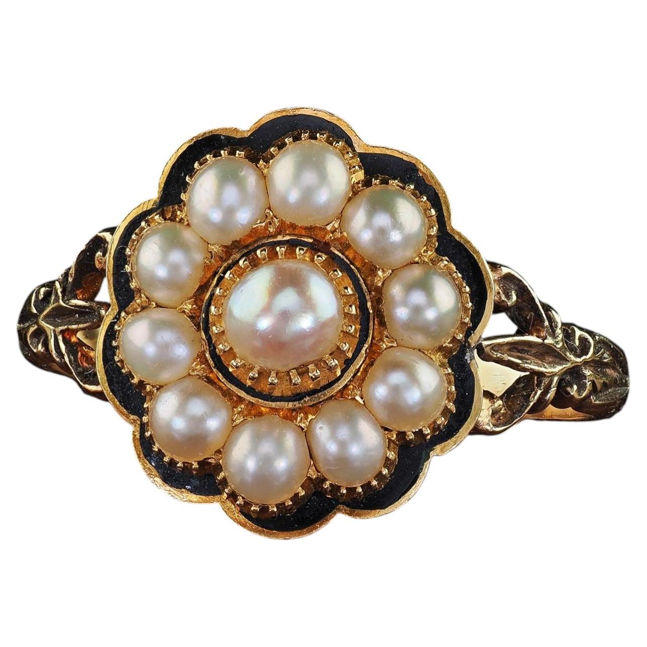Bague commémorative géorgienne ancienne en or jaune 14 carats, ornée de perles et d'émail, datée et gravée