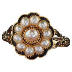 Anillo conmemorativo antiguo de estilo georgiano, de oro amarillo de 14 quilates, con perlas y esmalte, con fecha grabada