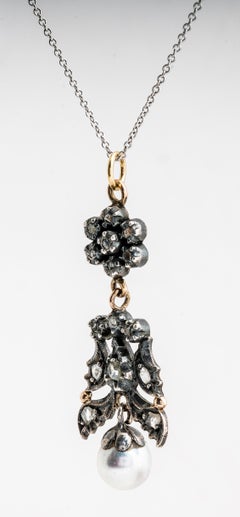 Antique Georgian 14 Karat Rose Gold, Diamond and Pearl Pendant Necklace
