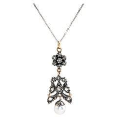 Antique Georgian 14 Karat Rose Gold, Diamond and Pearl Pendant Necklace