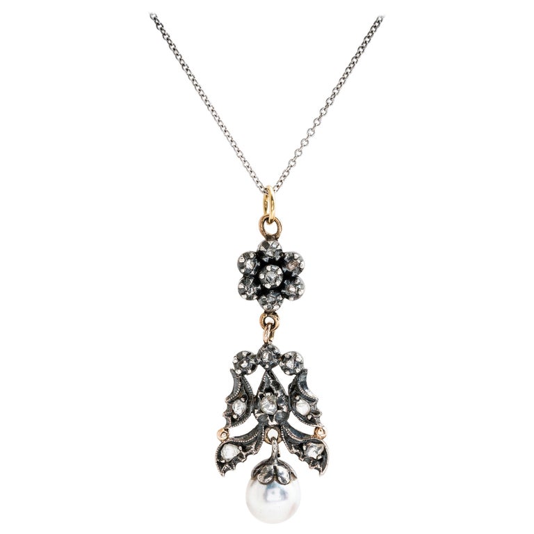 Antique 14 Karat Rose Gold, Diamond and Pearl Pendant Necklace For Sale at 1stDibs