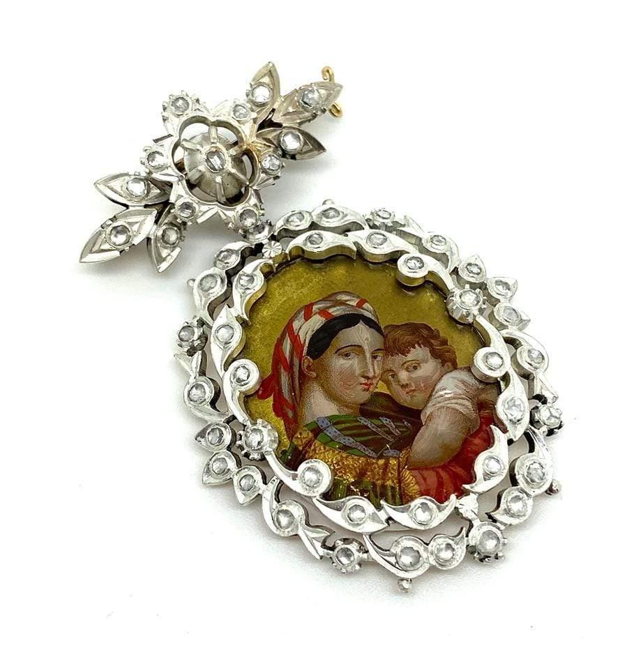 da uomo o donna Antica spilla georgiana con diamante da 1,5 carati con ritratto della Vergine Maria e di Gesù in vendita
