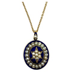 Pendentif de style géorgien ancien en or 15 carats, émail bleu cobalt et perles