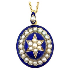 Antique Georgian 15 Carat Gold, Cobalt Blue Enamel and Pearl Pendant on Chain